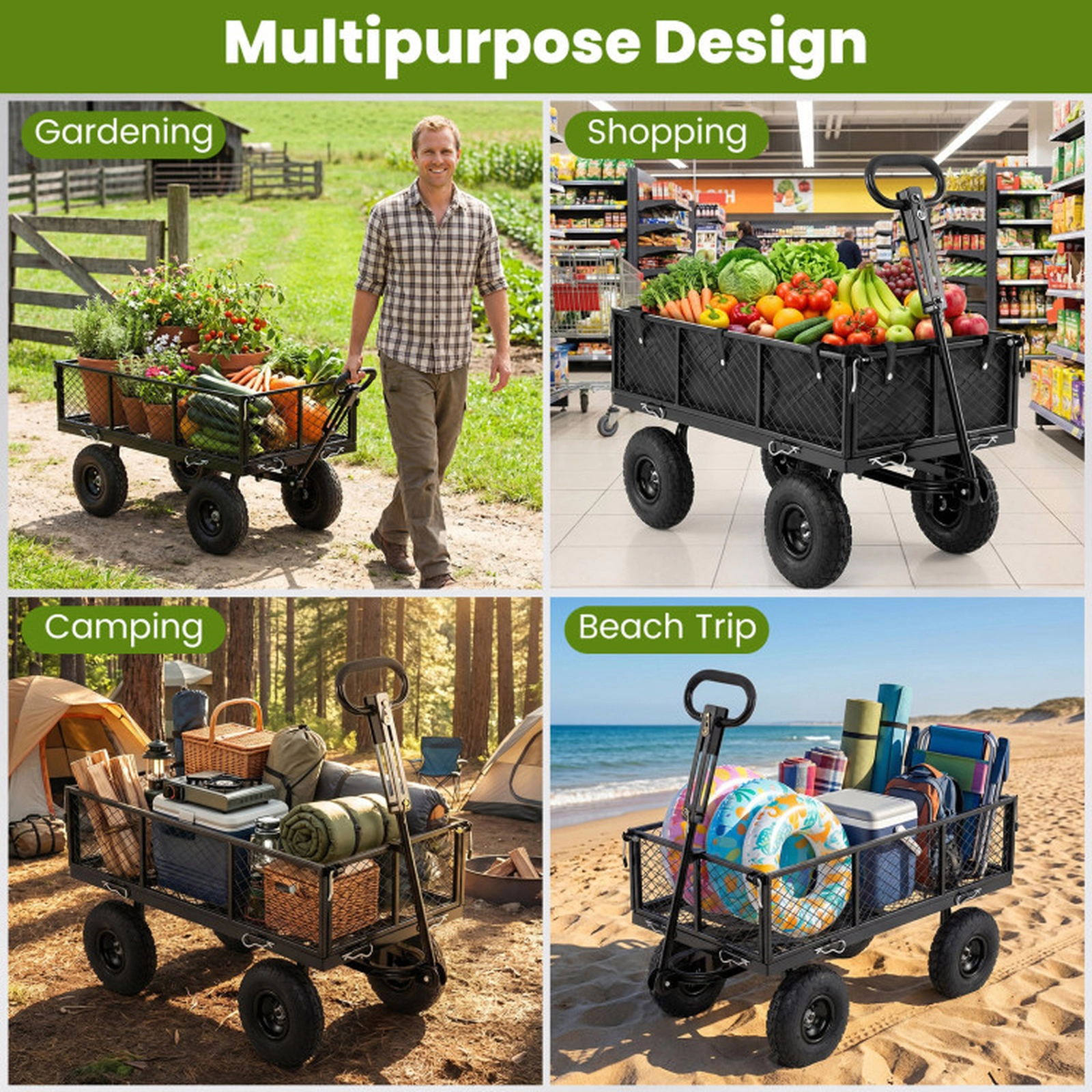 SUGIFT Black 880-lb Capacity Steel Garden Cart Utility Wagon with Mesh Sides Oxford Liner and Tires