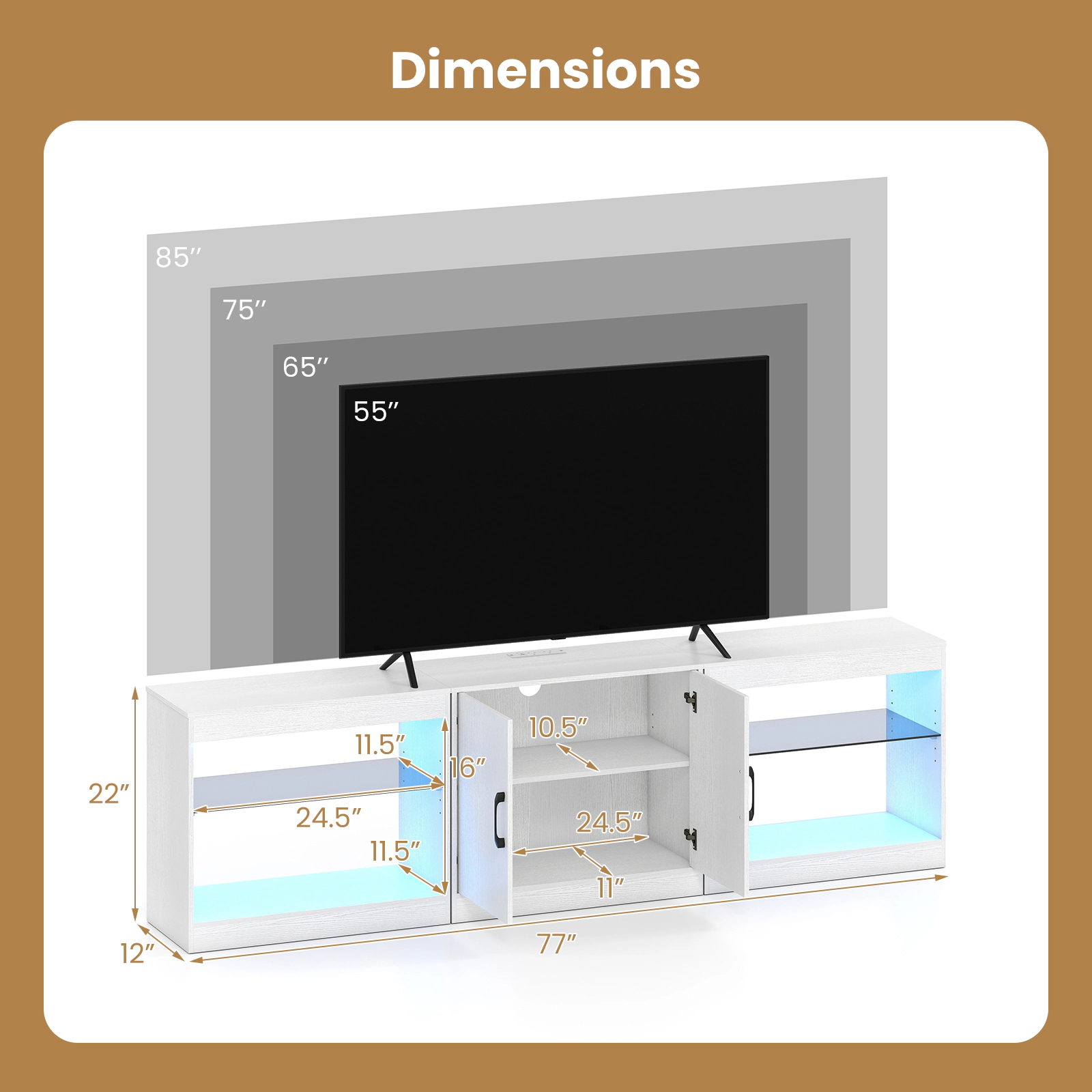 Glintex 77-Inch LED TV Stand with Glass Shelves and Charging Station, White