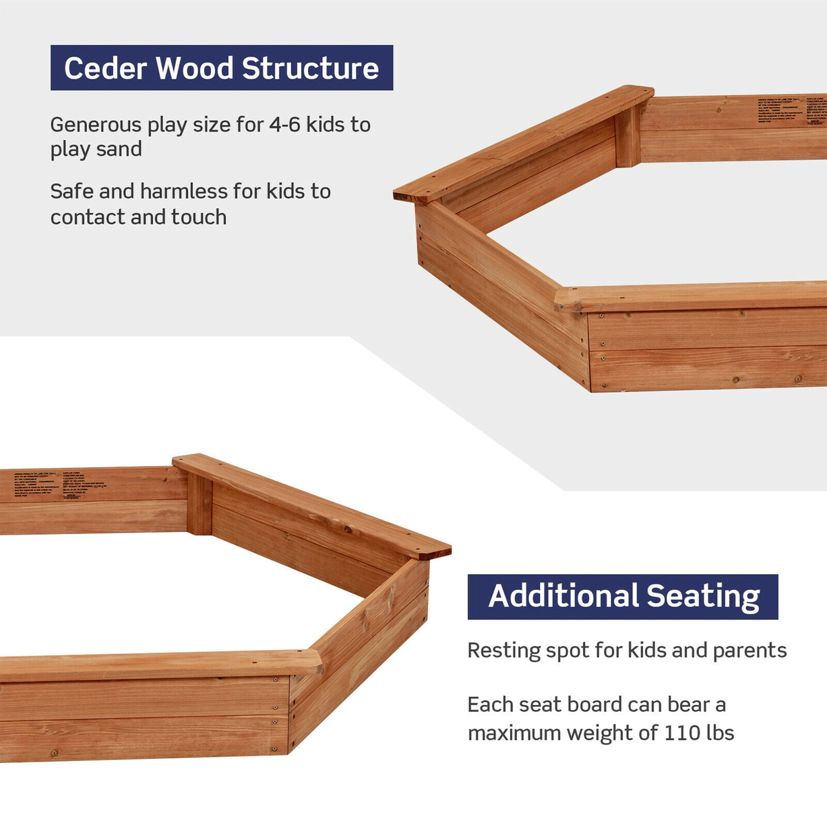 SUGIFT Hexagon Wooden Cedar Sandbox with Seat Boards 110-lb Bench Capacity Kids Over 3 Years Natural