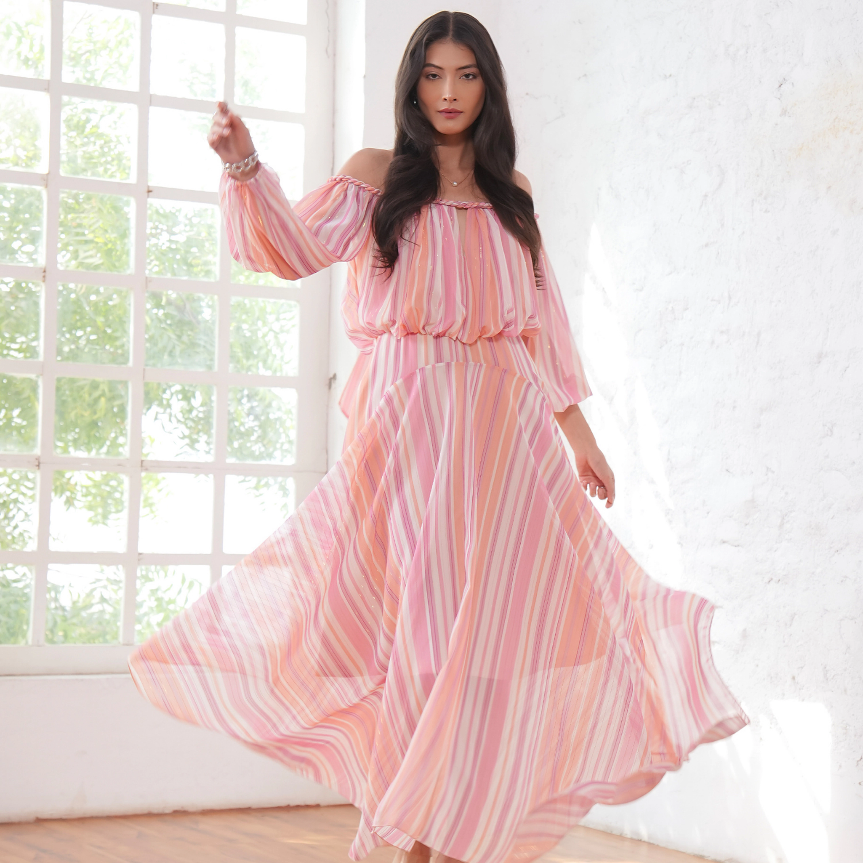 Rose & Nancy Women's Lila Pink Coral Metallic Stripe Asymetric Hem Maxi Dress