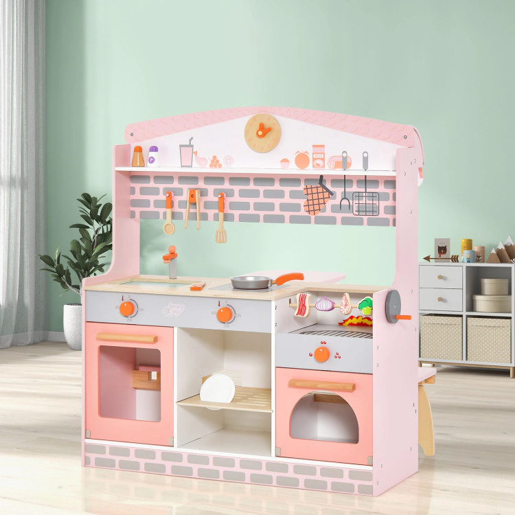 Hivvago Double-Sided Kids Play Kitchen Set with Canopy and 2 Seats