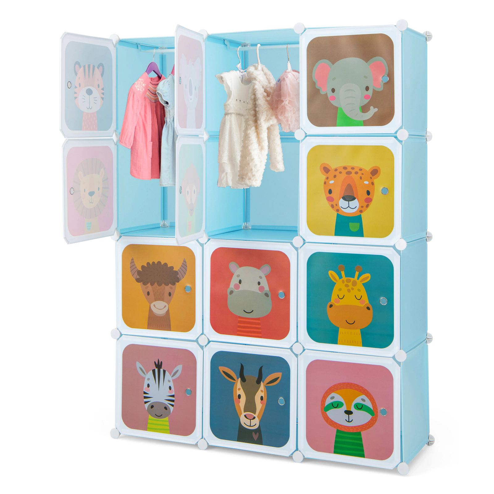 SUGIFT Kids 12-Cube Animal Print Doors Hanging Section Wardrobe Closet 43-in x 14-in x 57-in 22-lb per Cube Blue