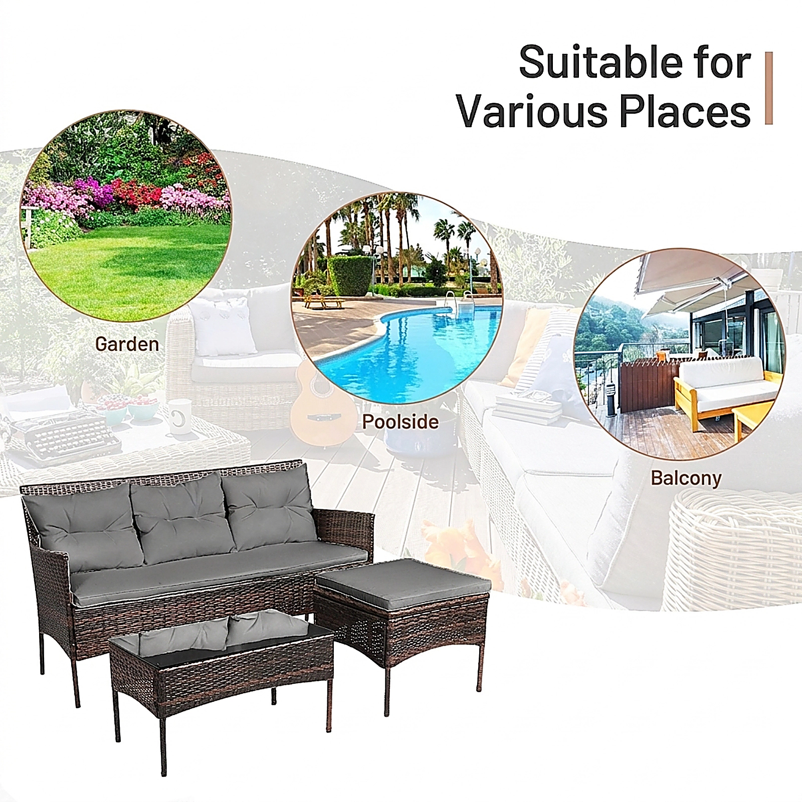SUGIFT 3-Piece Gray Rattan Patio Sofa Set with Ottoman, Glass Table and 5 Cushions