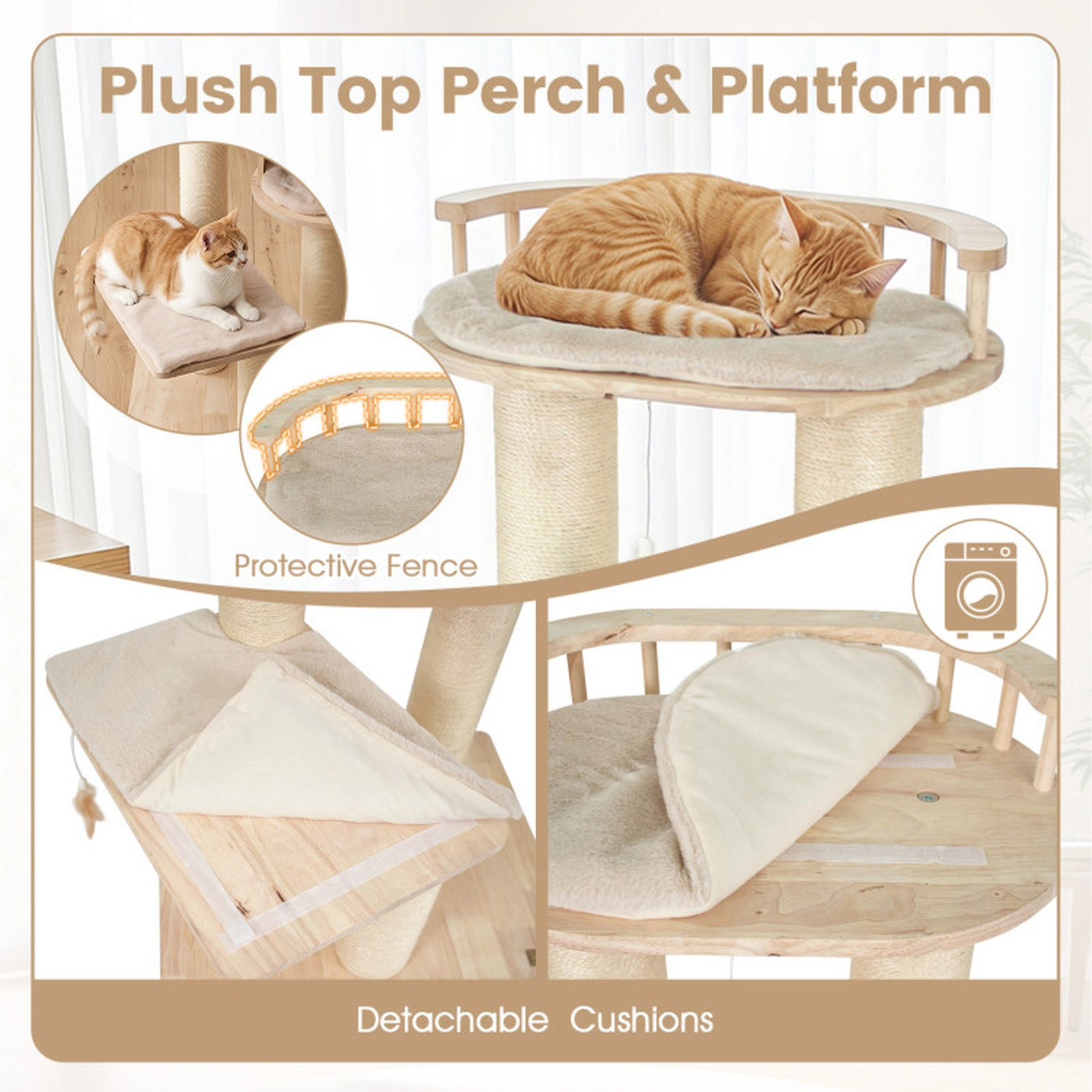 SUGIFT Multi-Level Rubber Wood Cat Tree with Top Perch Condo and 3 Hanging Feather Toys 35-lb Capacity Beige