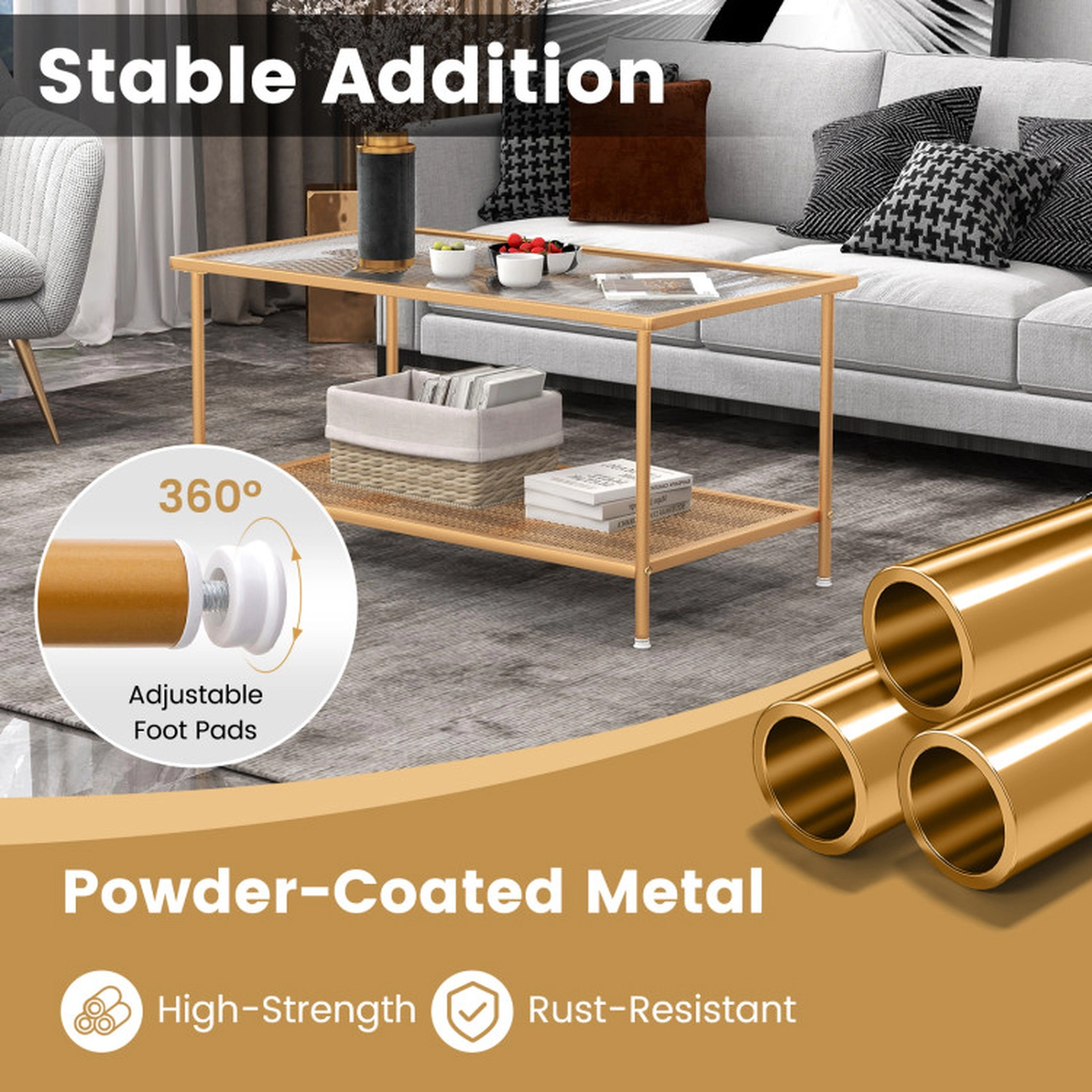 SUGIFT 2-Tier Tempered Glass Top Open Shelf Metal Frame Coffee Table 35.5-in x 20-in x 18.5-in 100-lb Capacity Gold