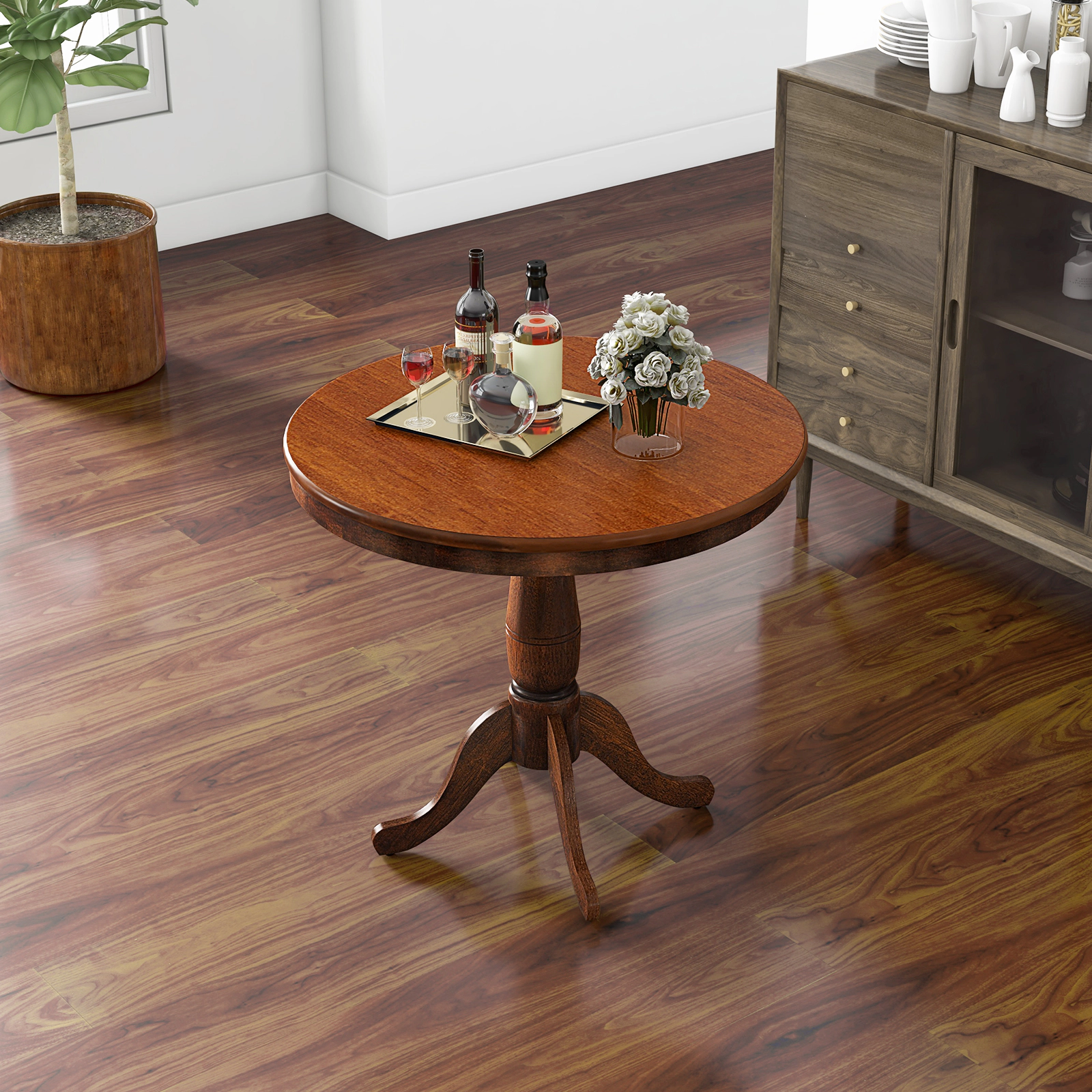 LJG 32 Inch Wooden Round Pub Pedestal Side Table