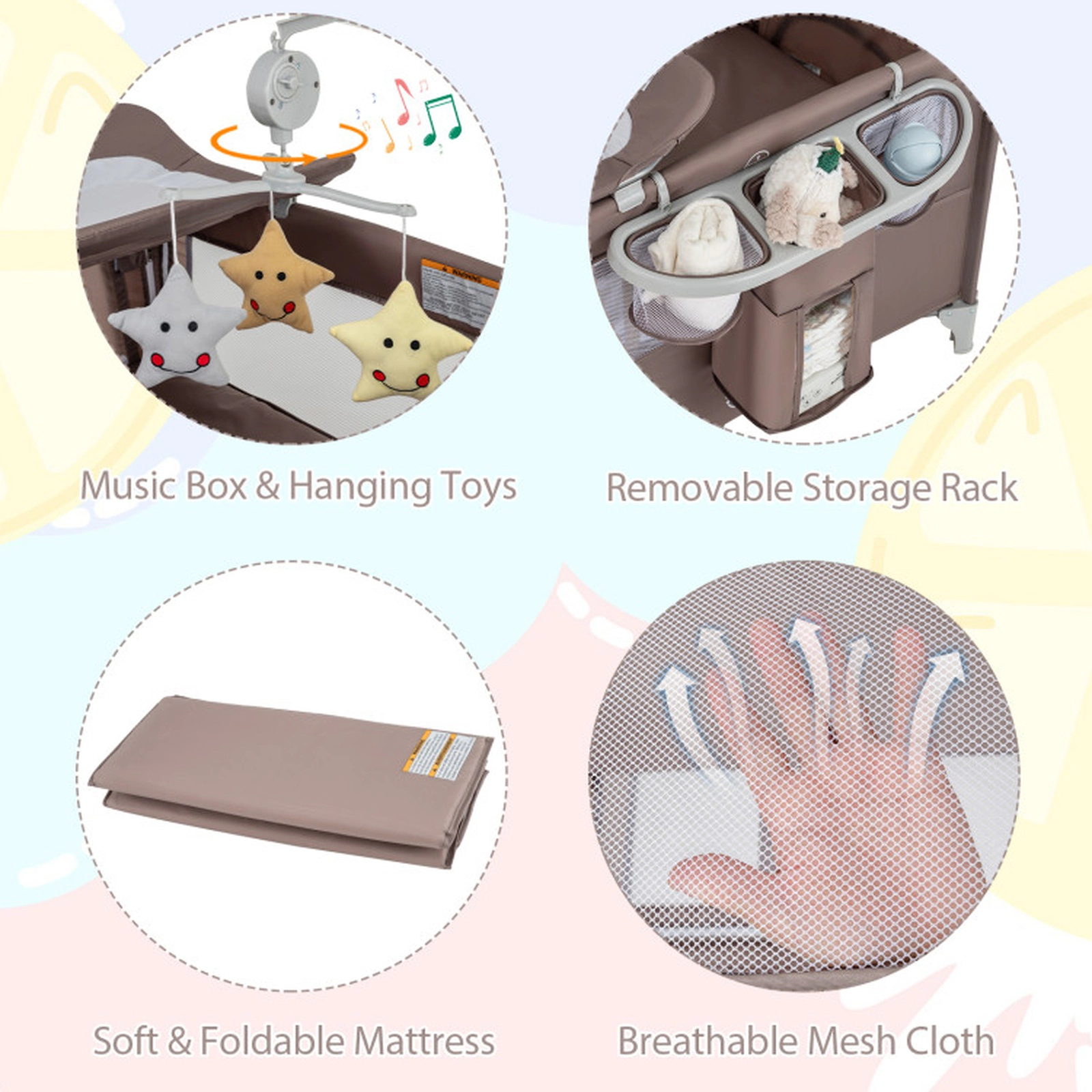 SUGIFT 5-in-1 Pack and Play Baby Bedside Sleeper with Diaper Changing Table Music Box and Storage Shelf