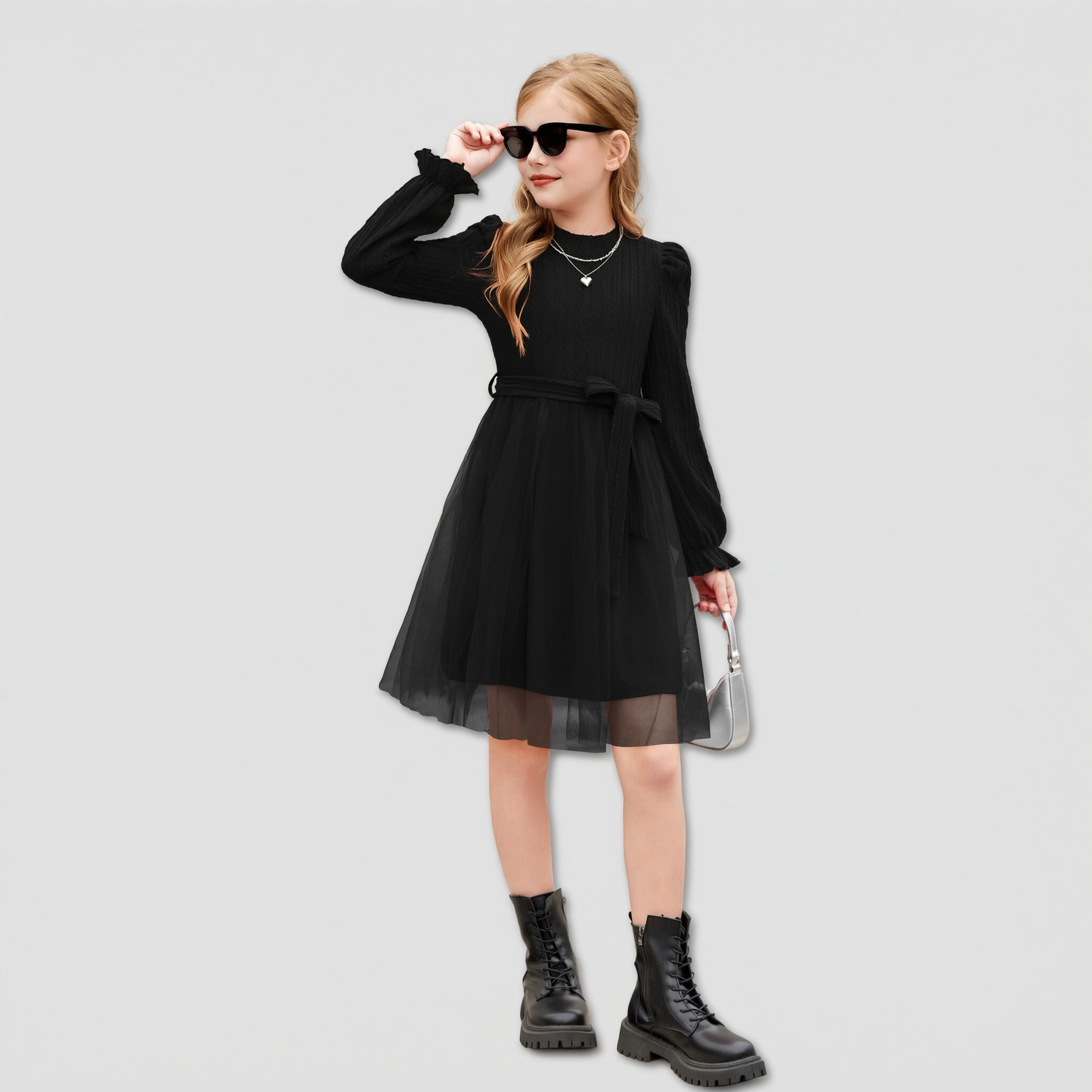 Arshiner Girl's Mock Neck Cable Knit Long Sleeve Tulle Tutu Dress with Belt