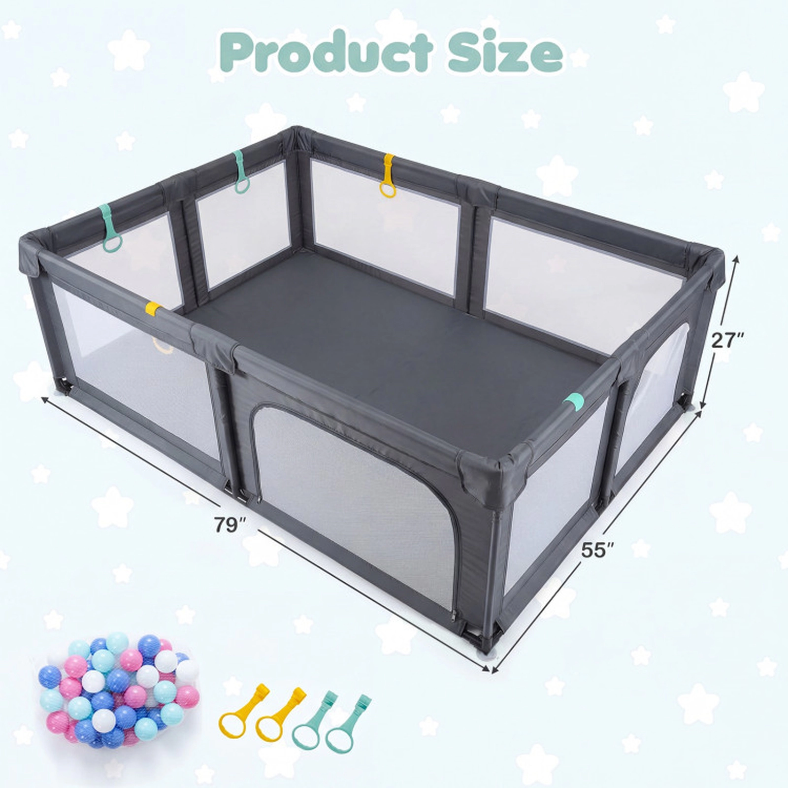 SUGIFT 79-in Sponge Padded Baby Playpen with Wear-Resistant Oxford Anti-Slip Suction Cups and 50 Ocean Balls