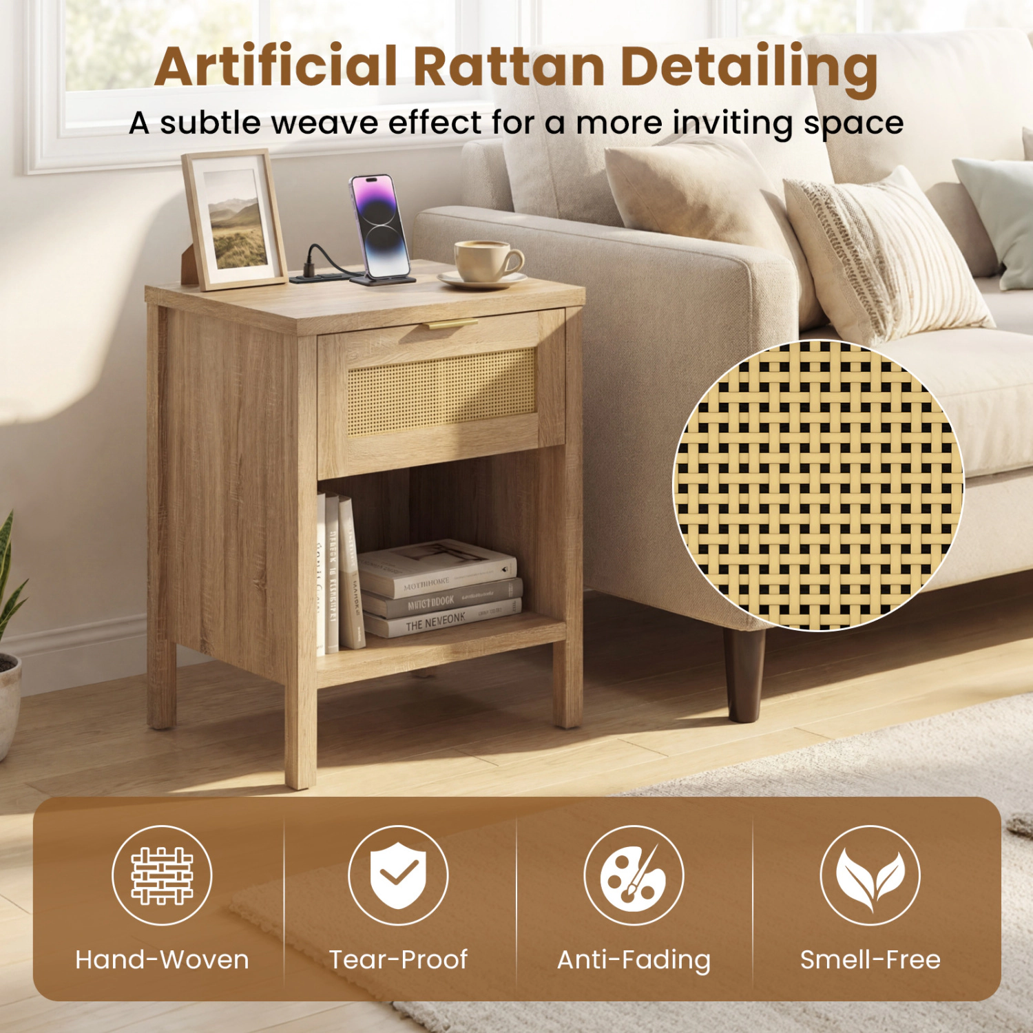 Hivvago Rattan Nightstand with Charging Station and Storage Shelf for Bedroom