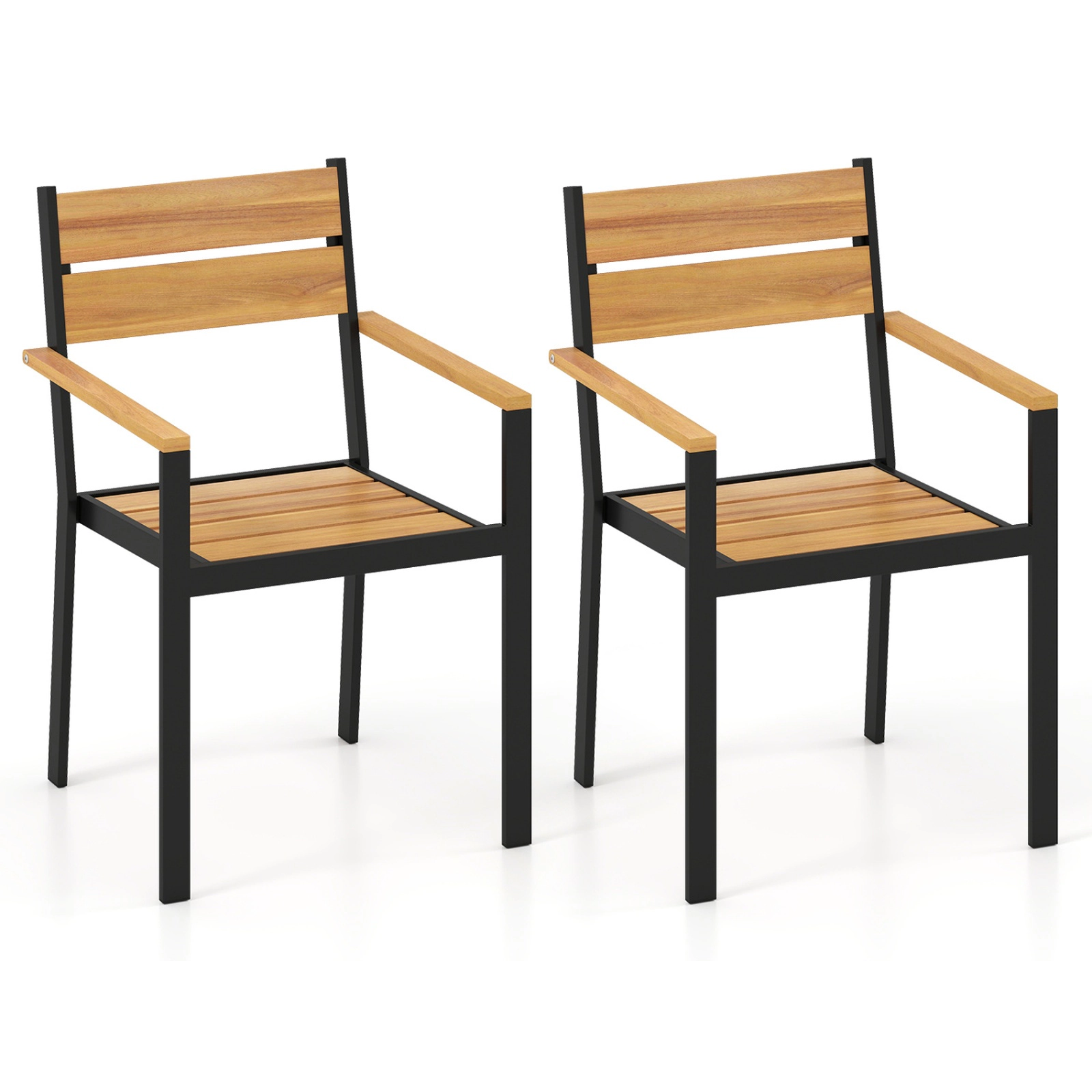 SUGIFT 2-Piece Stackable Outdoor Patio Dining Chair Set with Acacia Wood Armrests 400-Lb Capacity Brown Black