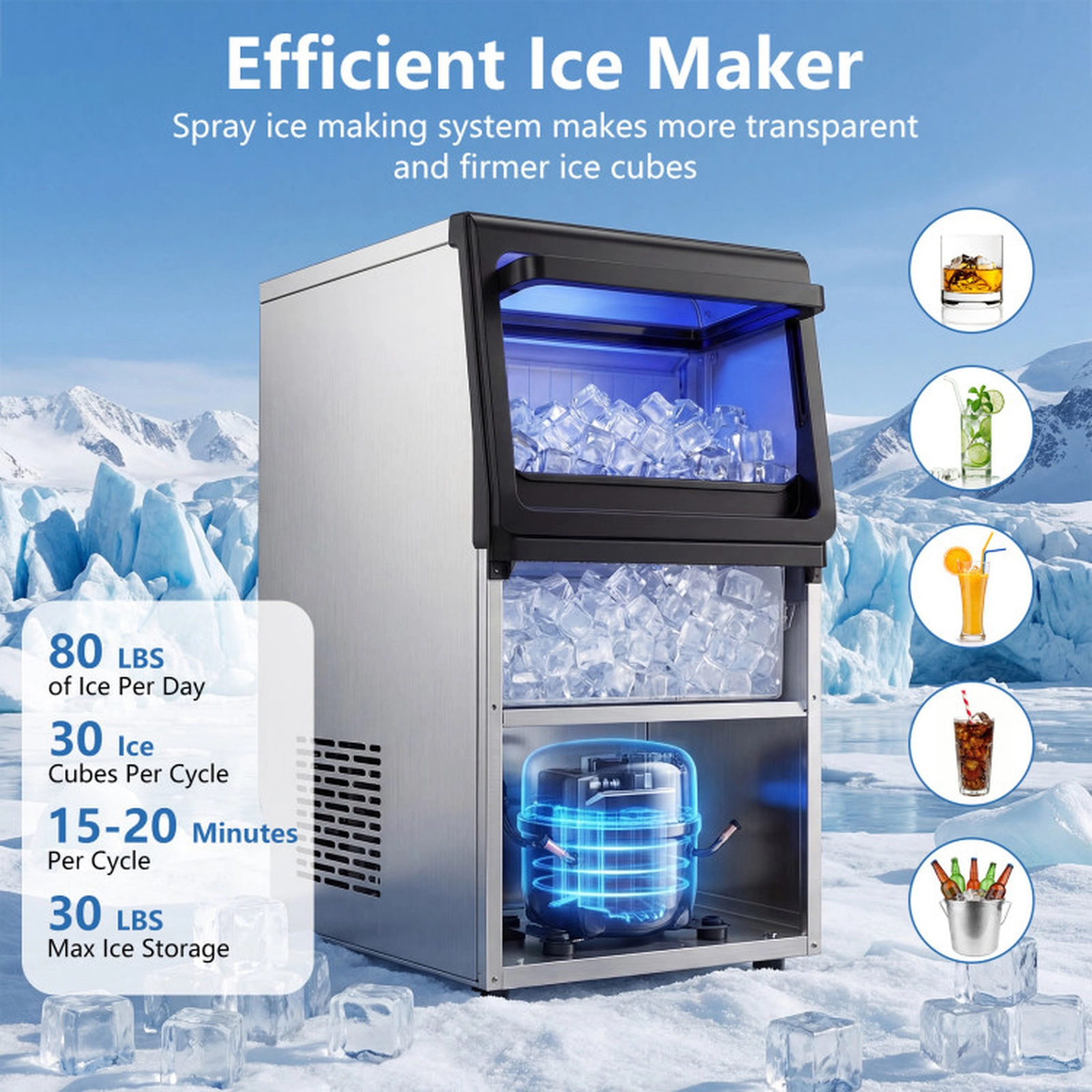 SUGIFT Black Stainless Spray Ice Maker with 30-lb Storage Bin 80-lb Daily Output 18.5-in W 13.78-in D 24.65-in H