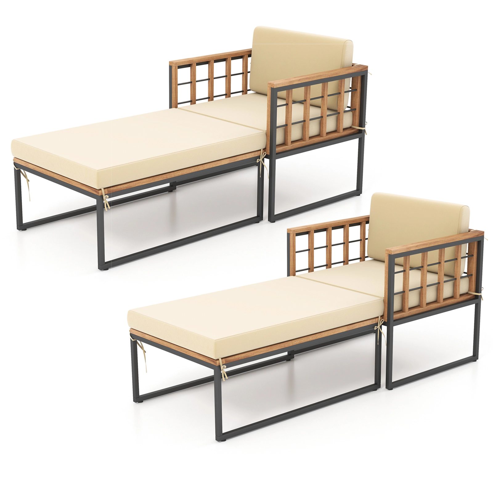 LJG Patio Acacia Wood Armchair with Long Ottoman and Seat Back Cushions