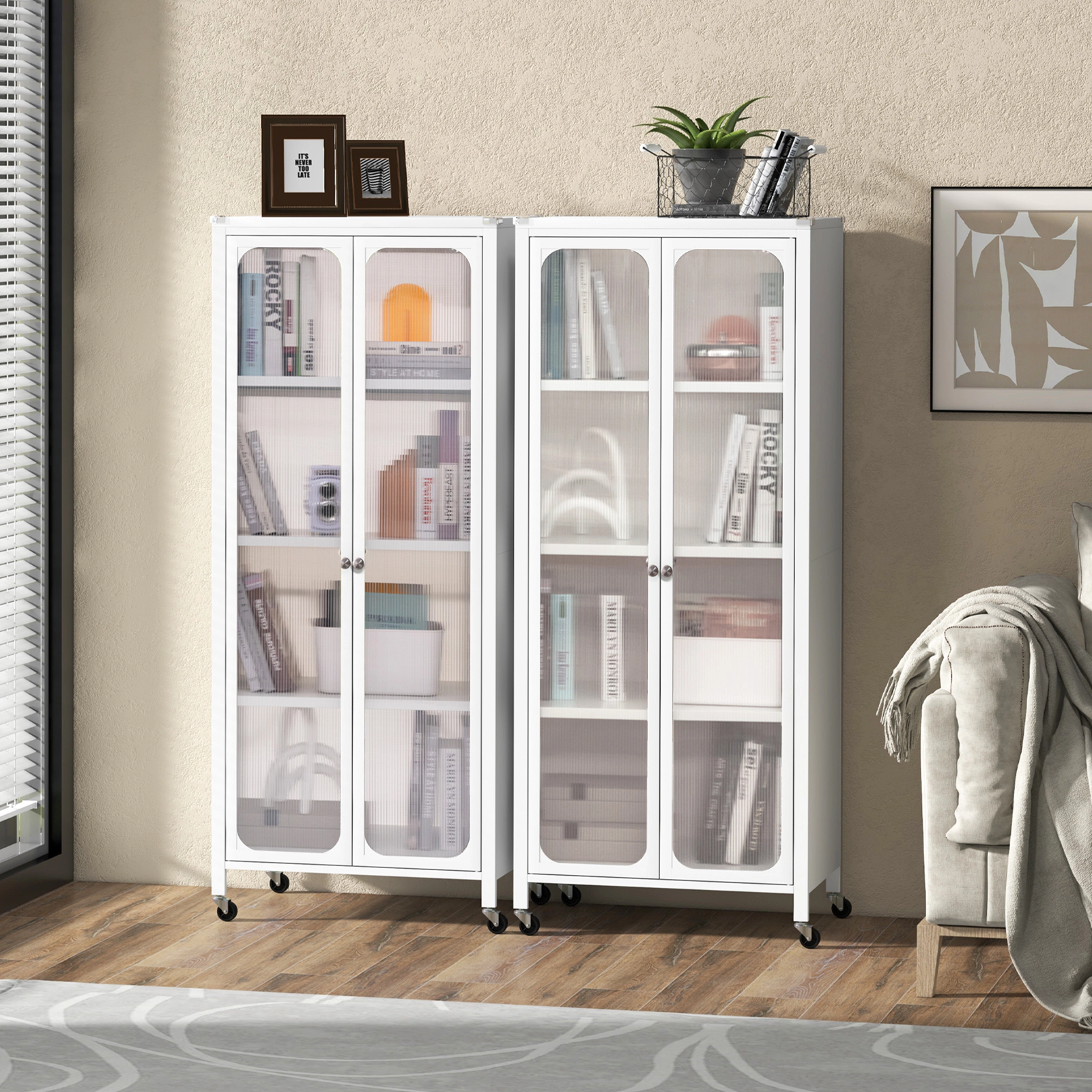 SUGIFT White Wheels and 2 Adjustable Shelves Glass Door Storage Cabinet