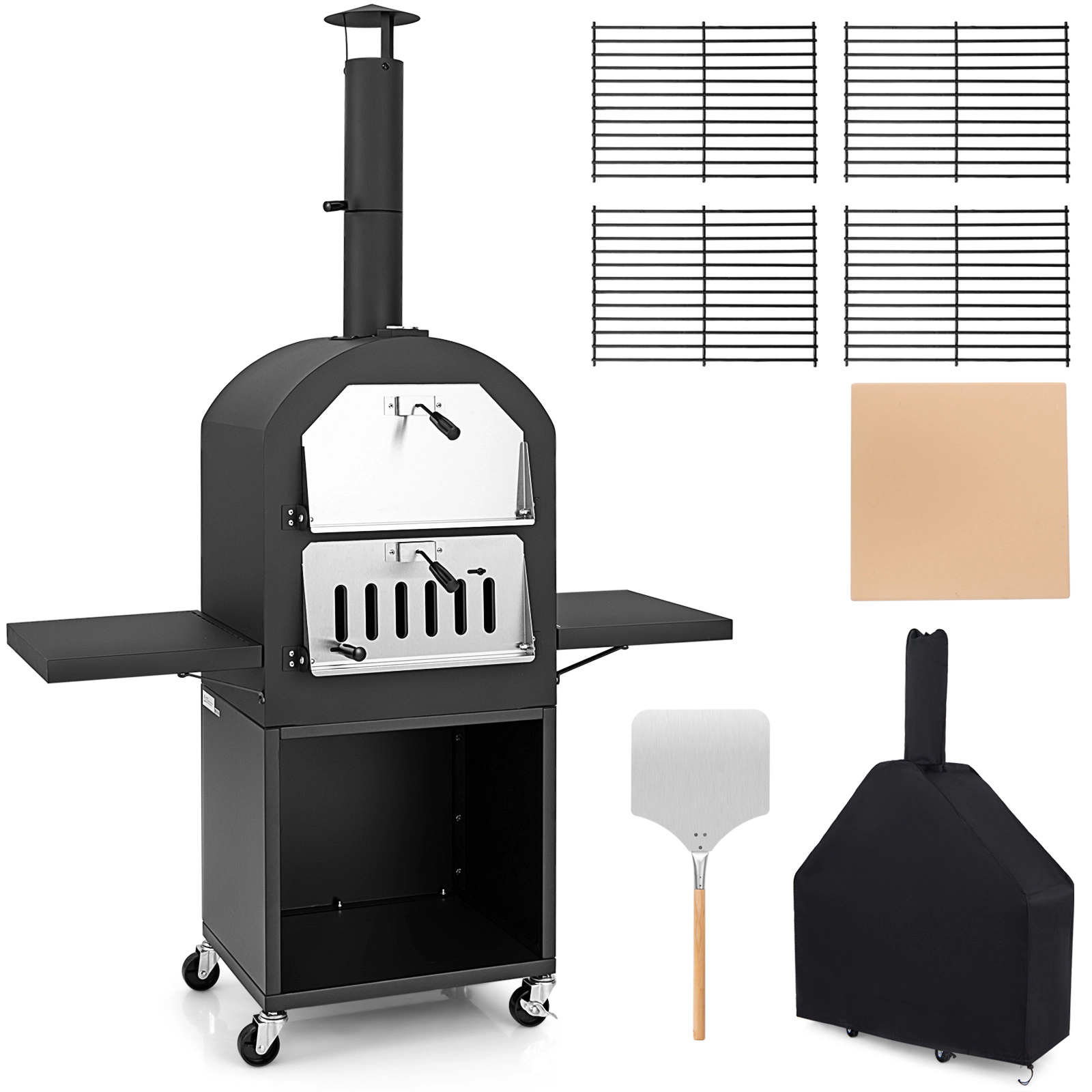 SUGIFT Outdoor Pizza Oven Grill Racks Built-in Thermometer 12 x 12-in Cordierite Stone 750 F Max 67-in Tall Black