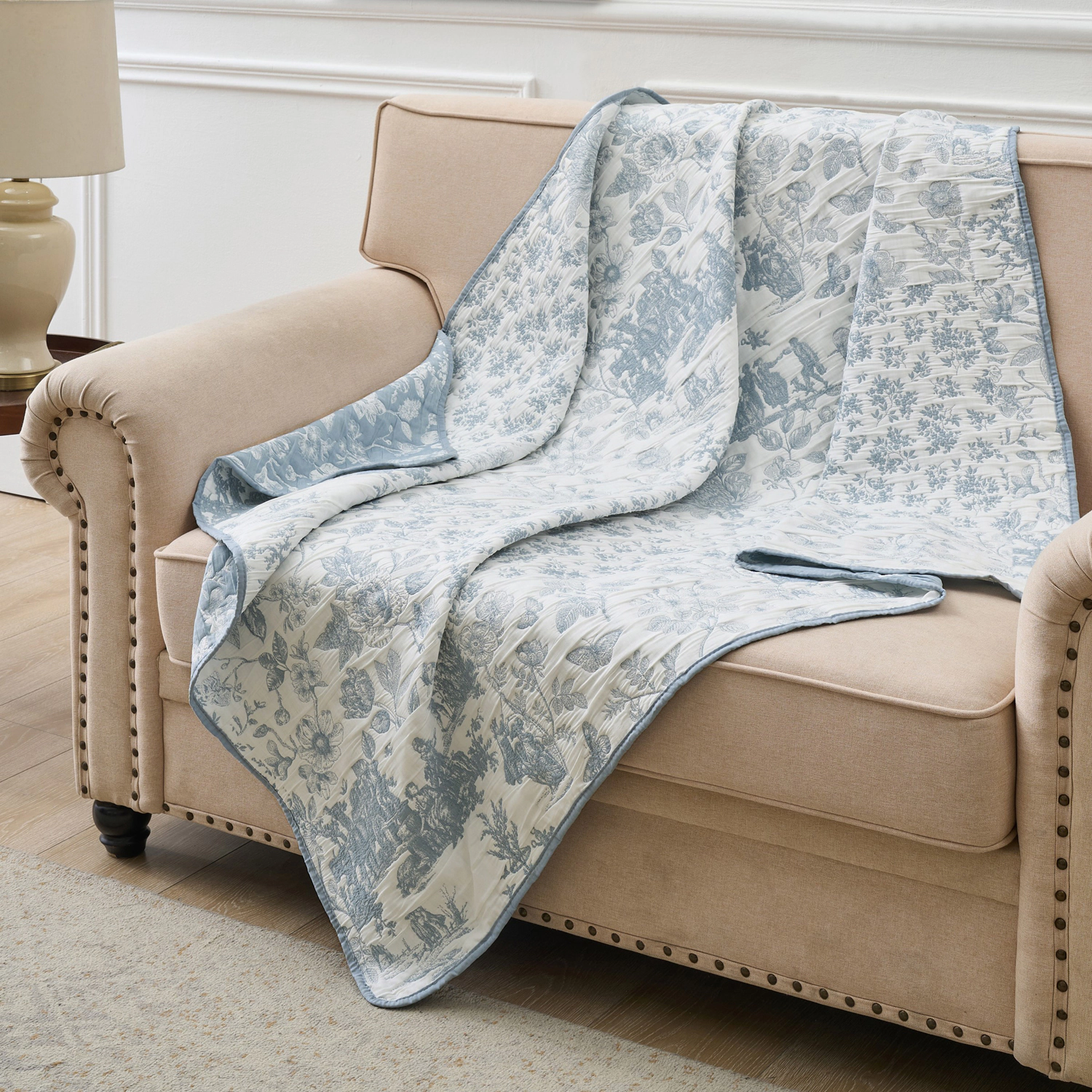 Greenland Home Fashion Toile Patch 100% Jacquard Woven Polyester Reversible Accessory Throw Blanket 50" x 60" Blue