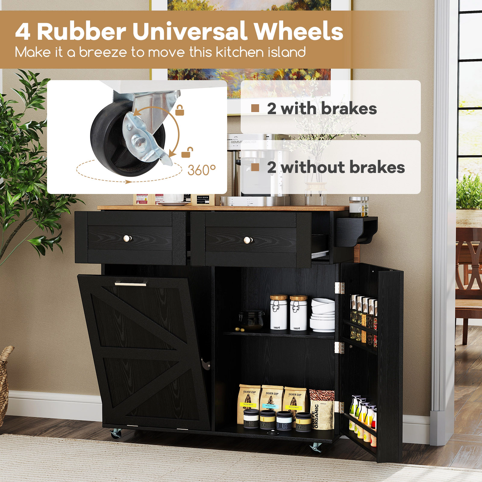 SUGIFT Rolling Kitchen Island with Drop Leaf Top Trash Can Cabinet and Rubber Universal Wheels 440-lb Capacity Black