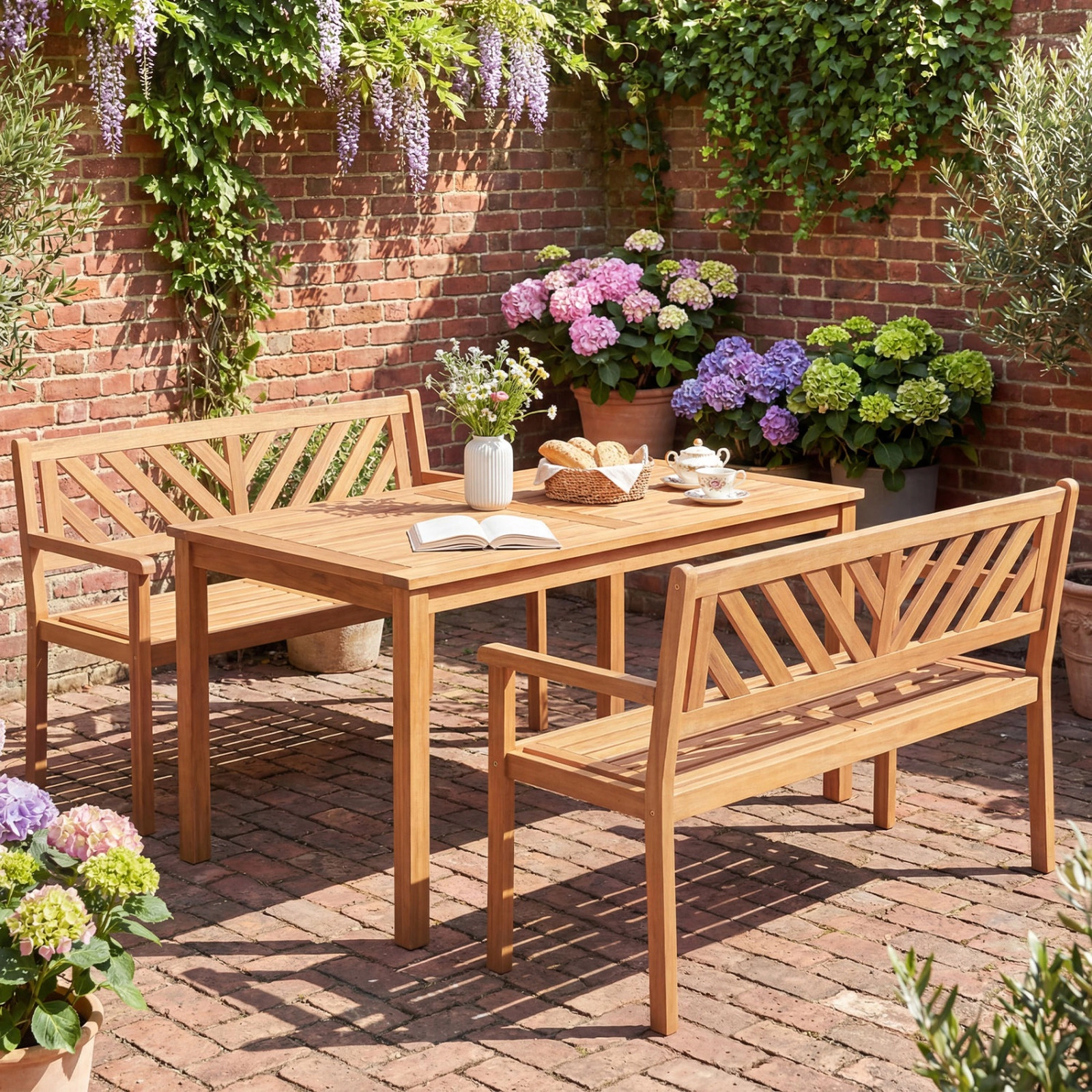 SUGIFT 47-Inch Teak Acacia Wood Outdoor Bench, 2-Seat Slatted Porch Bench