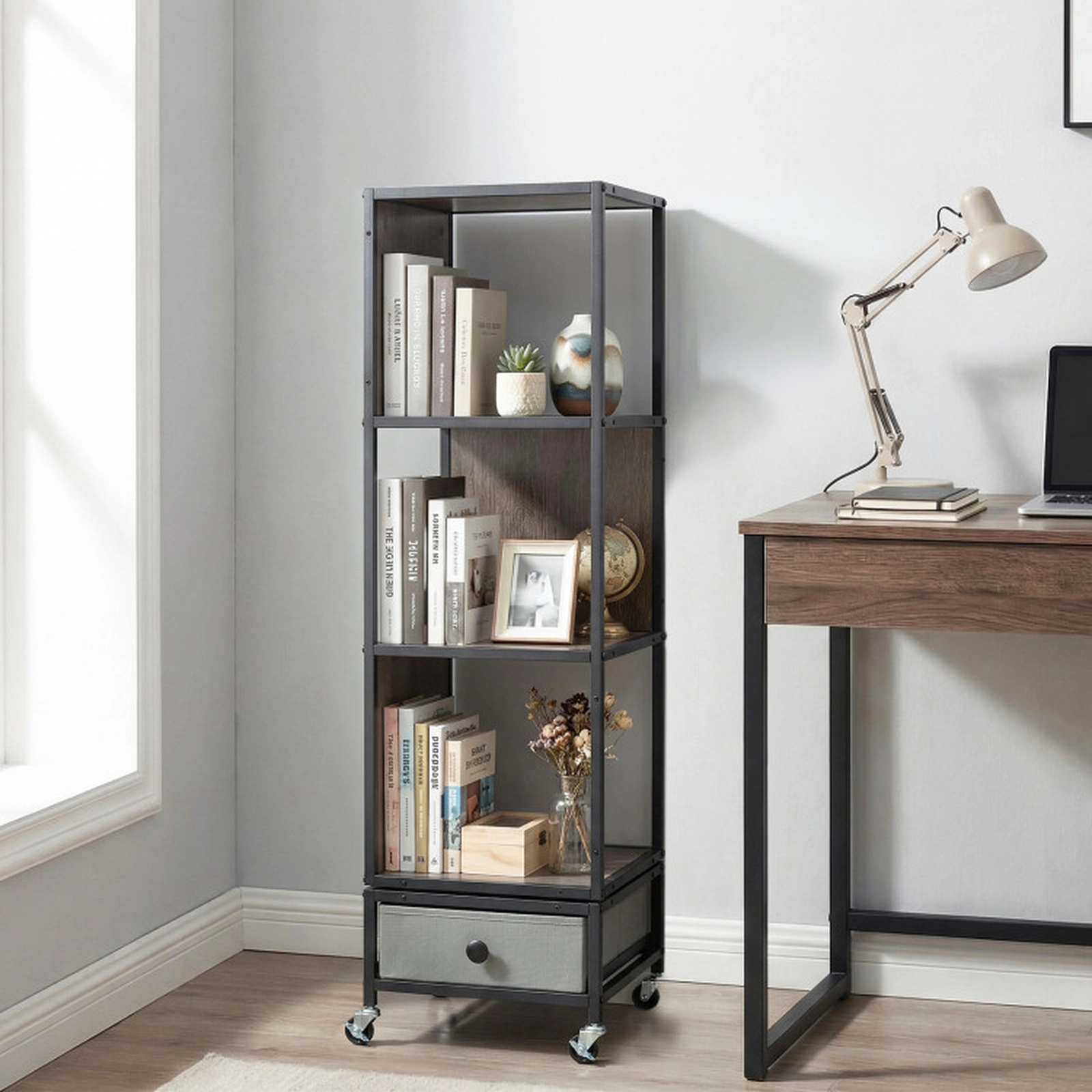 SUGIFT 4-Tier Rotating Bookshelf on Wheels with Removable Drawer 44-lb Shelf Capacity Gray Black White