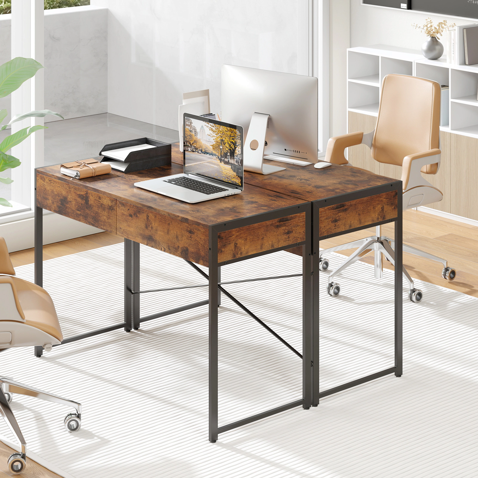 SUGIFT 2-Drawer Home Office Writing Desk Steel Frame 200-lb Tabletop Capacity 25-lb Drawer Capacity 44-in Wide Brown