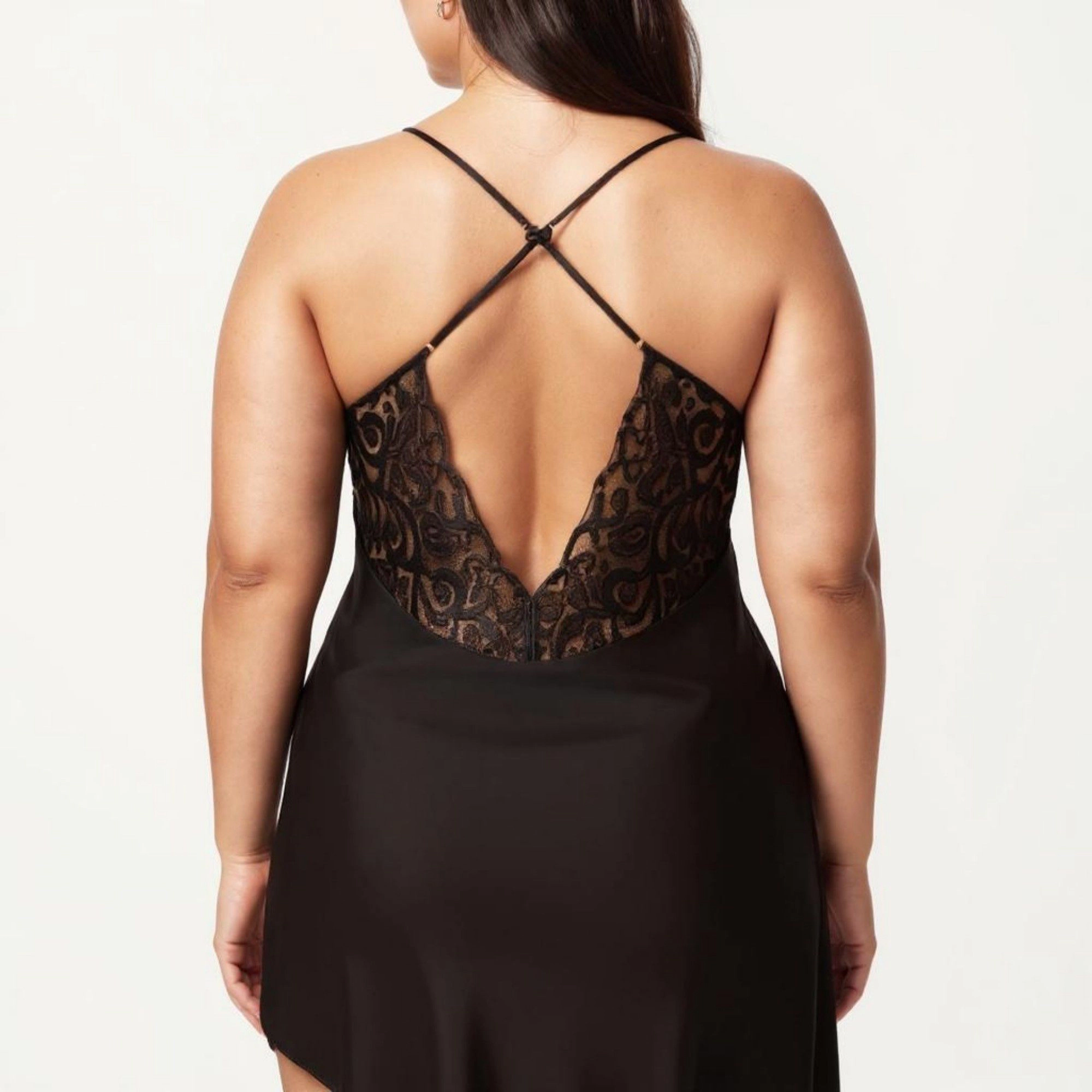 Anna-Kaci Women's Plus Lace Panel Slip Nightgown with Adjustable Spaghetti Straps V Neck Asymmetrical Hem Sleepwear