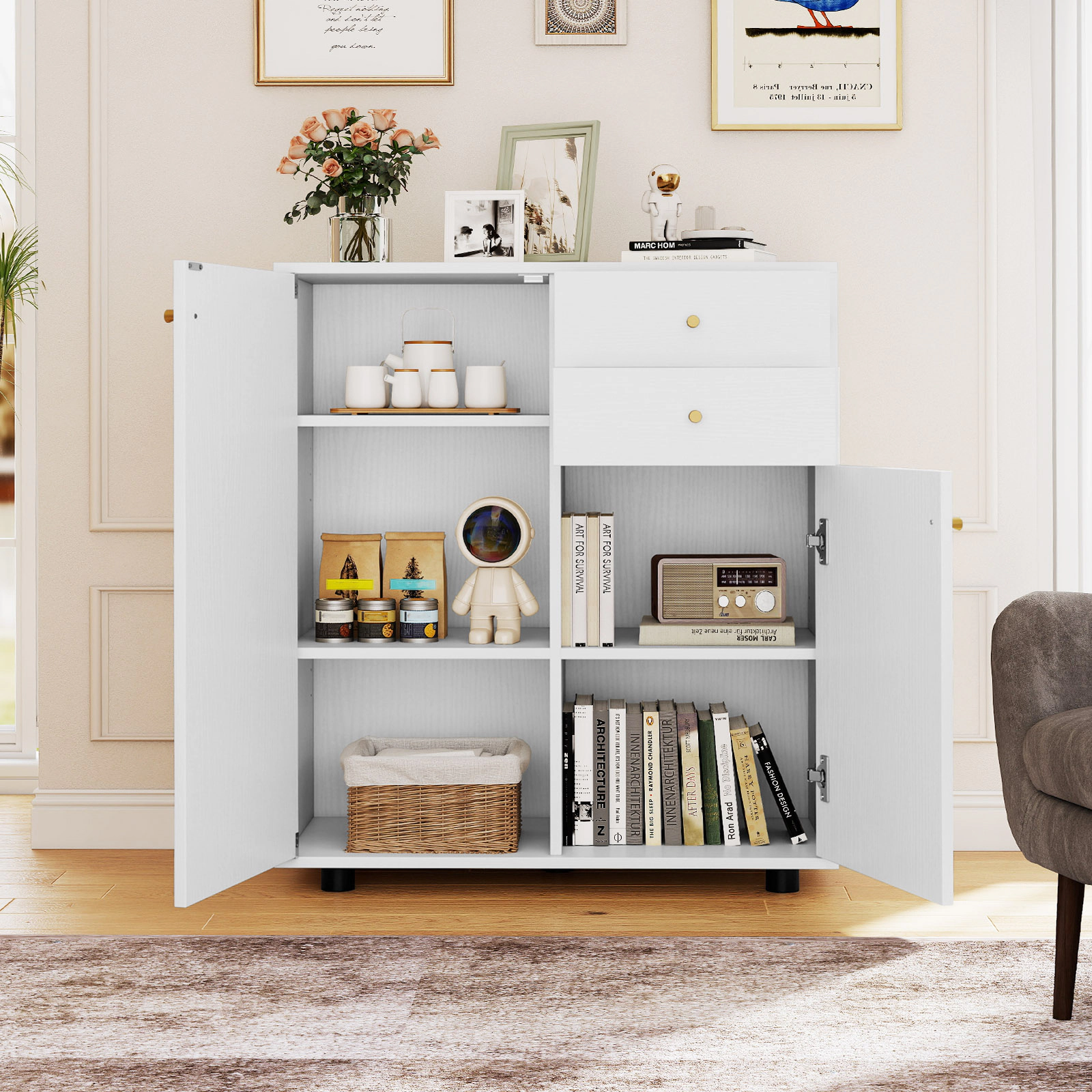 Glintex 34-Inch Coffee Bar Sideboard with 2 Drawers and 3 Removable Shelves, White