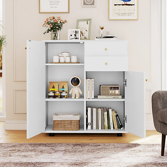 Glintex 34-Inch Coffee Bar Sideboard with 2 Drawers and 3 Removable Shelves, White