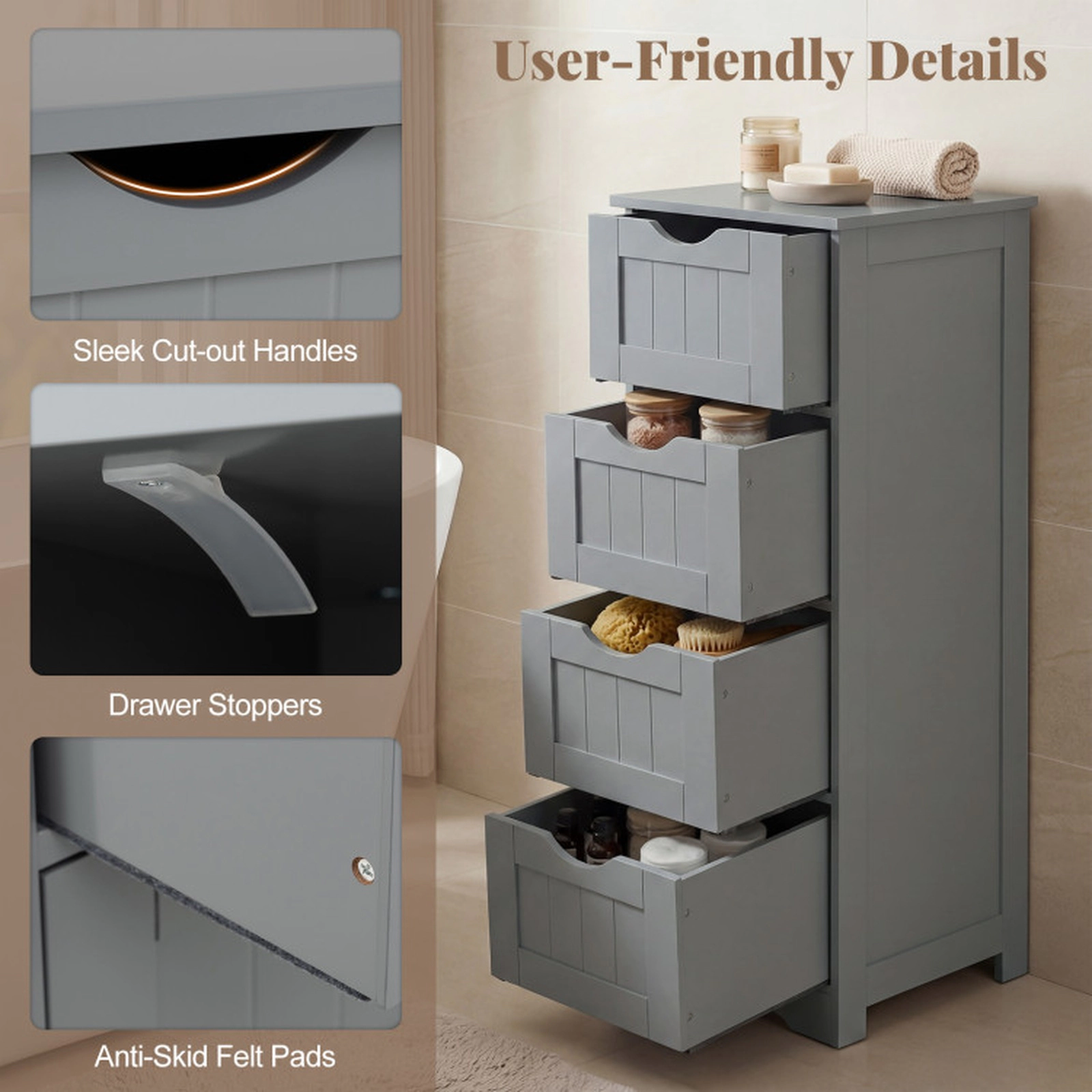 SUGIFT Gray 12-in Square 4-Drawer Freestanding Wooden Bathroom Floor Storage Cabinet with Arched Bottom