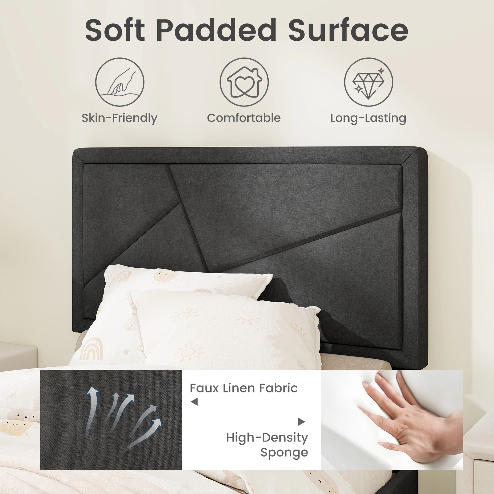 SUGIFT Twin Upholstered Platform Bed, Gray Faux Linen, 44-Inch Headboard