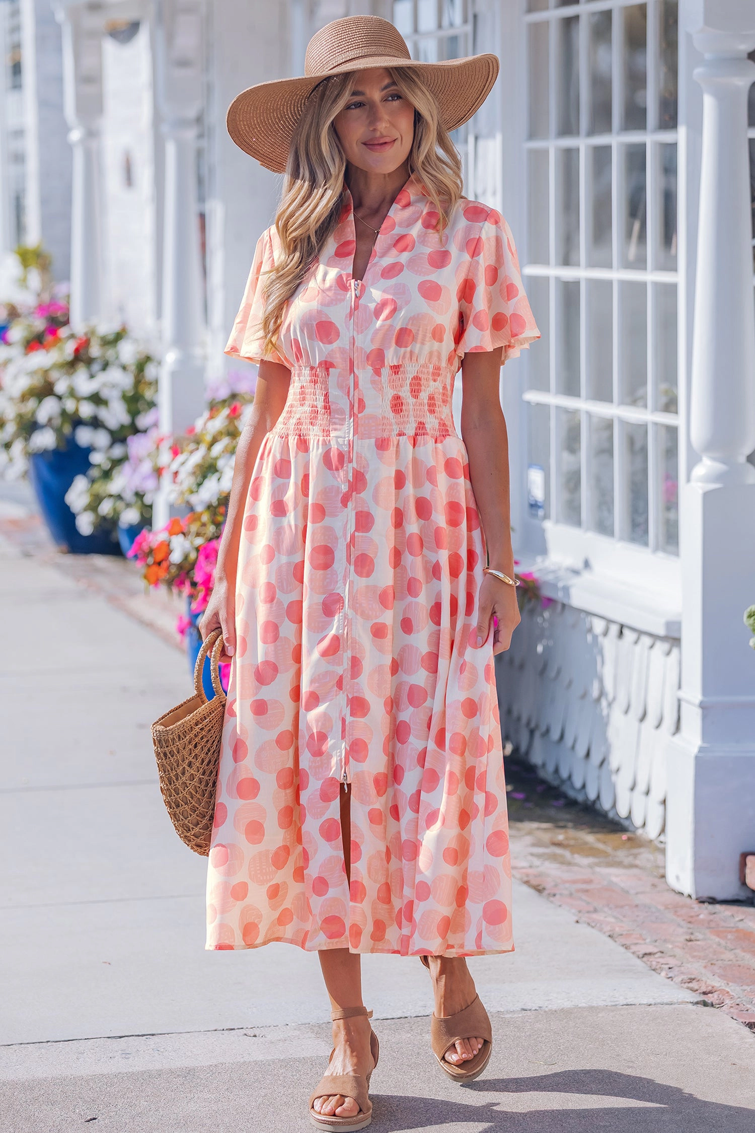 Threaded Pear Womens Talia Zip-Up Polka Dot Long Dress - Pink, Ruffled Short Sleeves