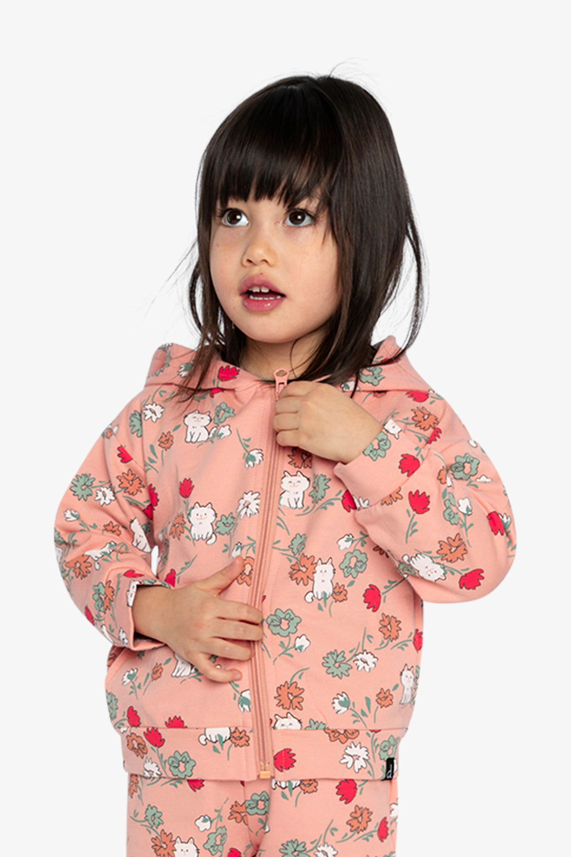 Deux par Girls French Terry Hooded Zip Cardigan with Cat Print