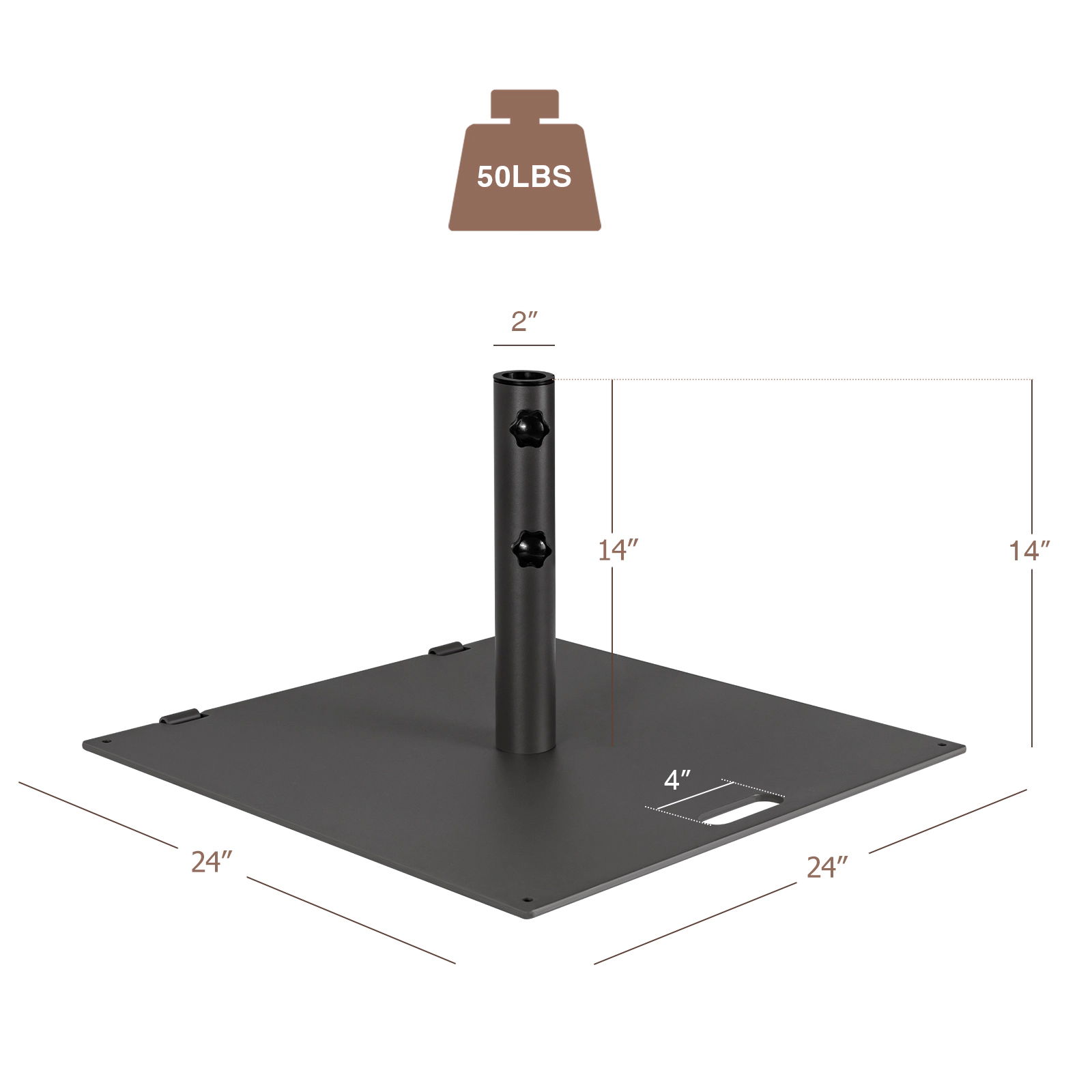 SUGIFT 24-in Square Steel Patio Umbrella Base 50-lb Weight with Wheels for 1.6-in and 1.9-in Diameter Poles Brown