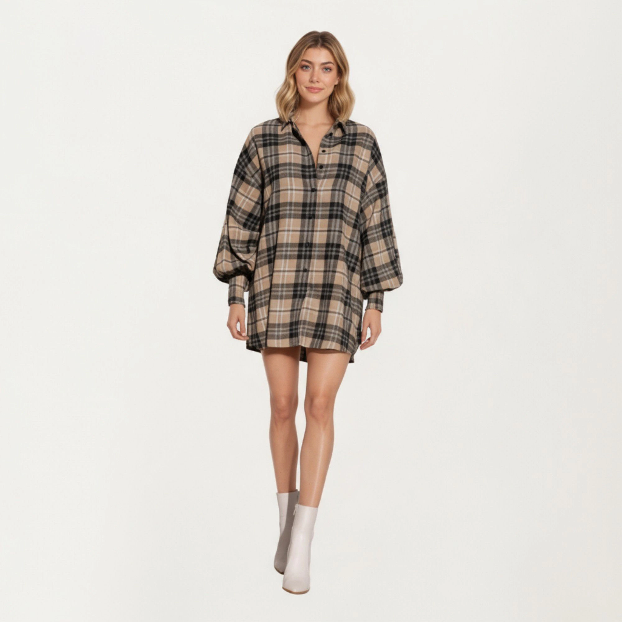 Anna-Kaci Women's Oversized Plaid Long Balloon Sleeves Button Front Collar Detail Shirt Dress