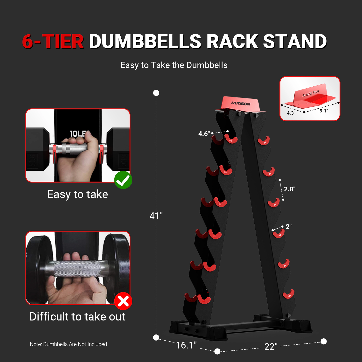 HARISON A-Frame Dumbbell Rack, 6-Tier Weight Storage Stand, 480 LB Capacity for Home Gym