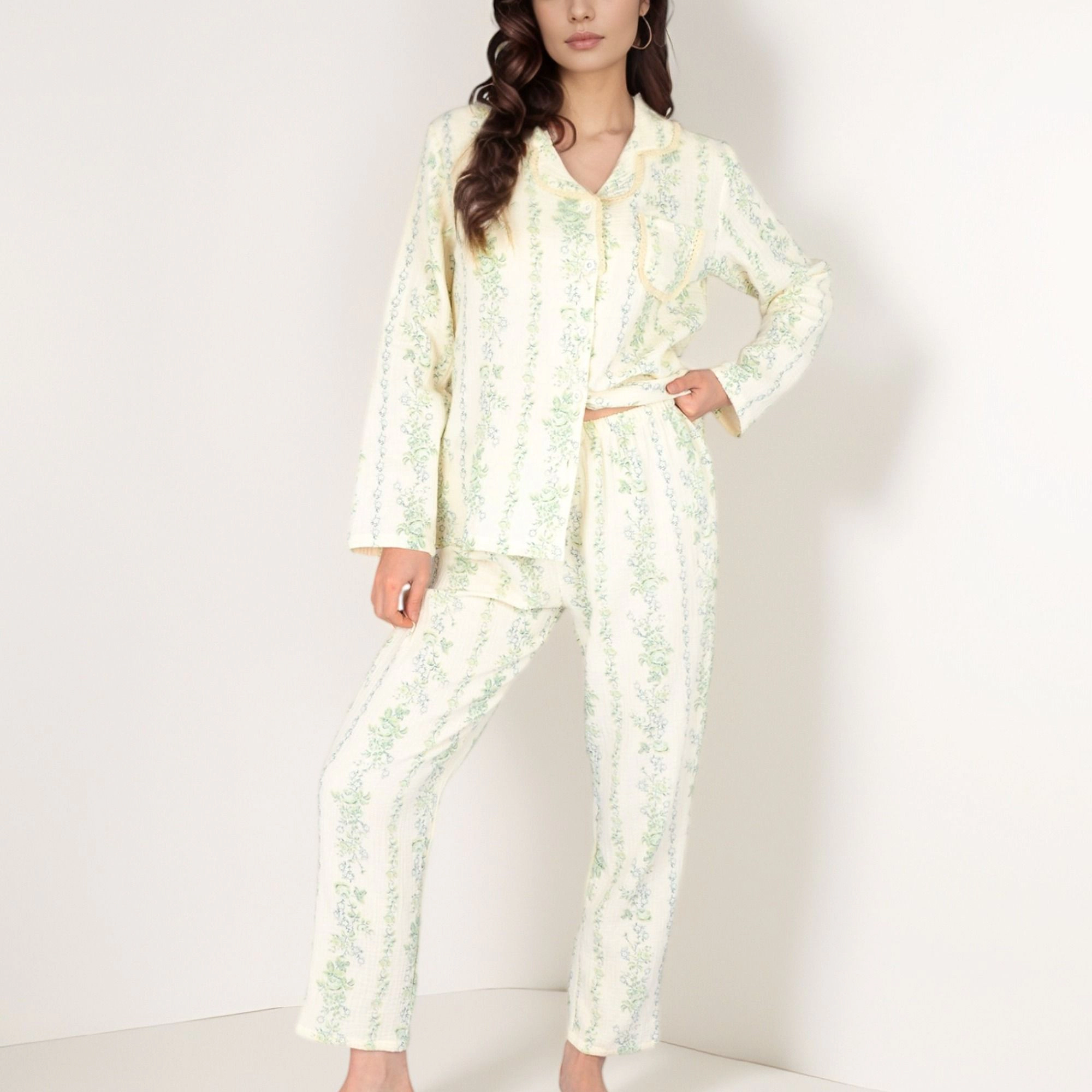 Anna-Kaci Women's Floral Stripe Pajama Set with Button Up Top Chest Pocket and Elastic Waist Pants