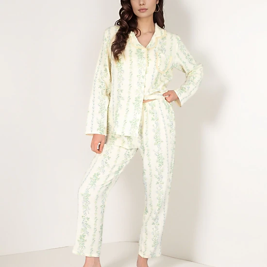 Anna-Kaci Women's Floral Stripe Pajama Set with Button Up Top Chest Pocket and Elastic Waist Pants