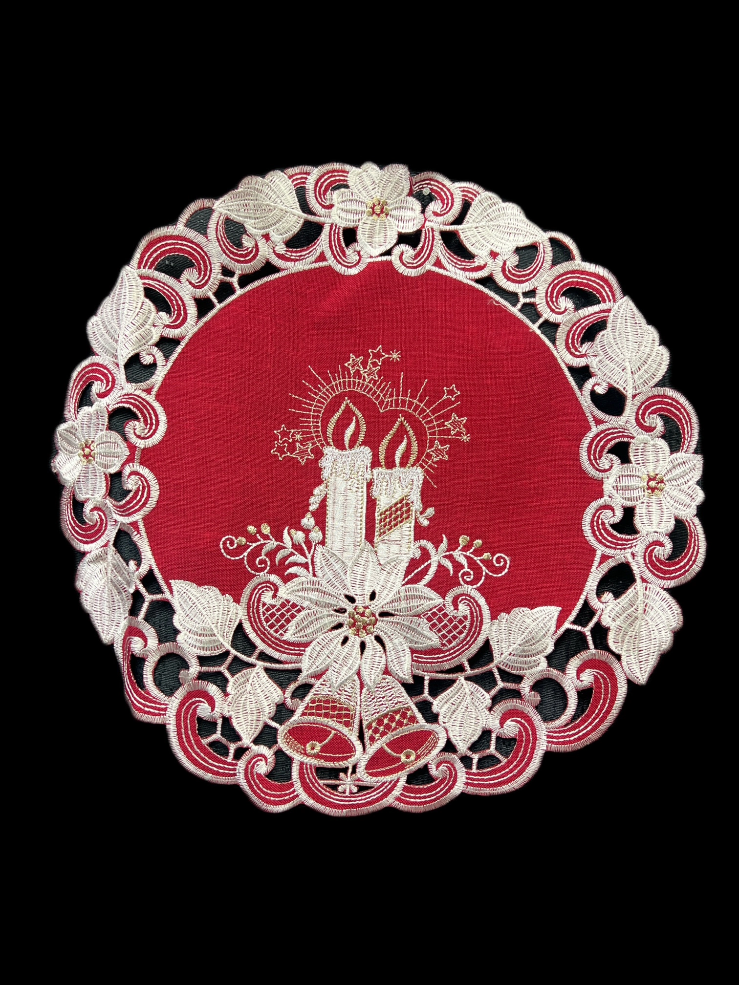 Jiallo Poinsettia Embroidered Cutwork Round Placemat, 23-Inch diameter