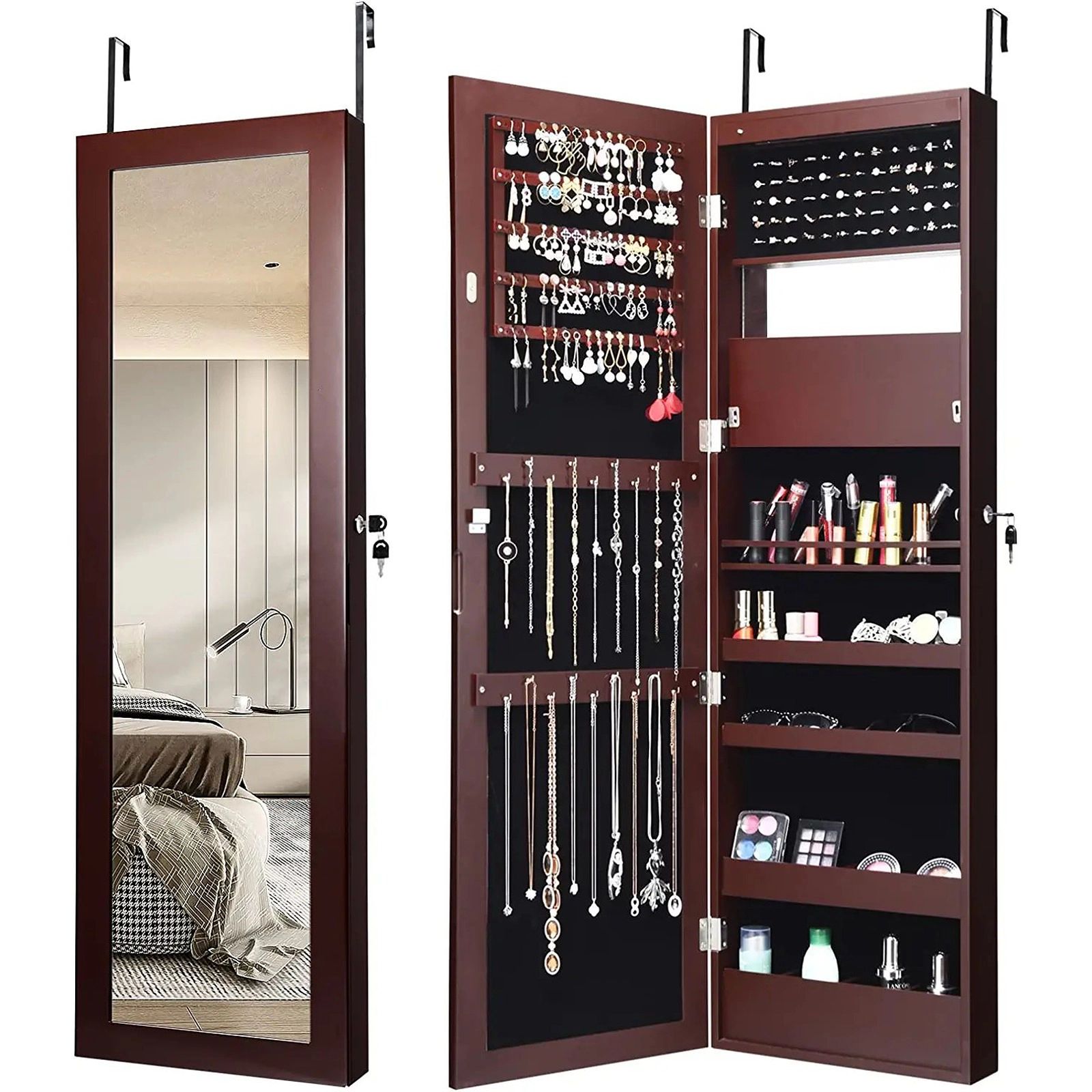 Slickblue 53.5 Inch Wall or Door Mounted Lockable Jewelry Cabinet with Mirror and LED Lights