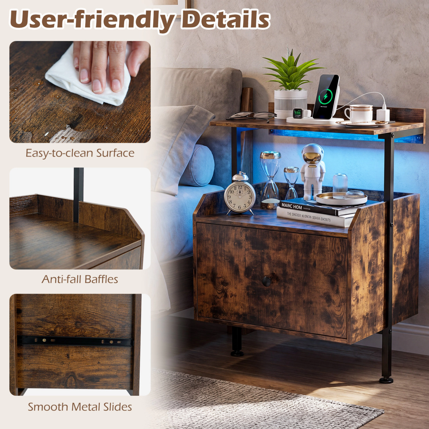 Hivvago Wall-mounted Nightstand with LED Lights and Charging Station for Bedroom
