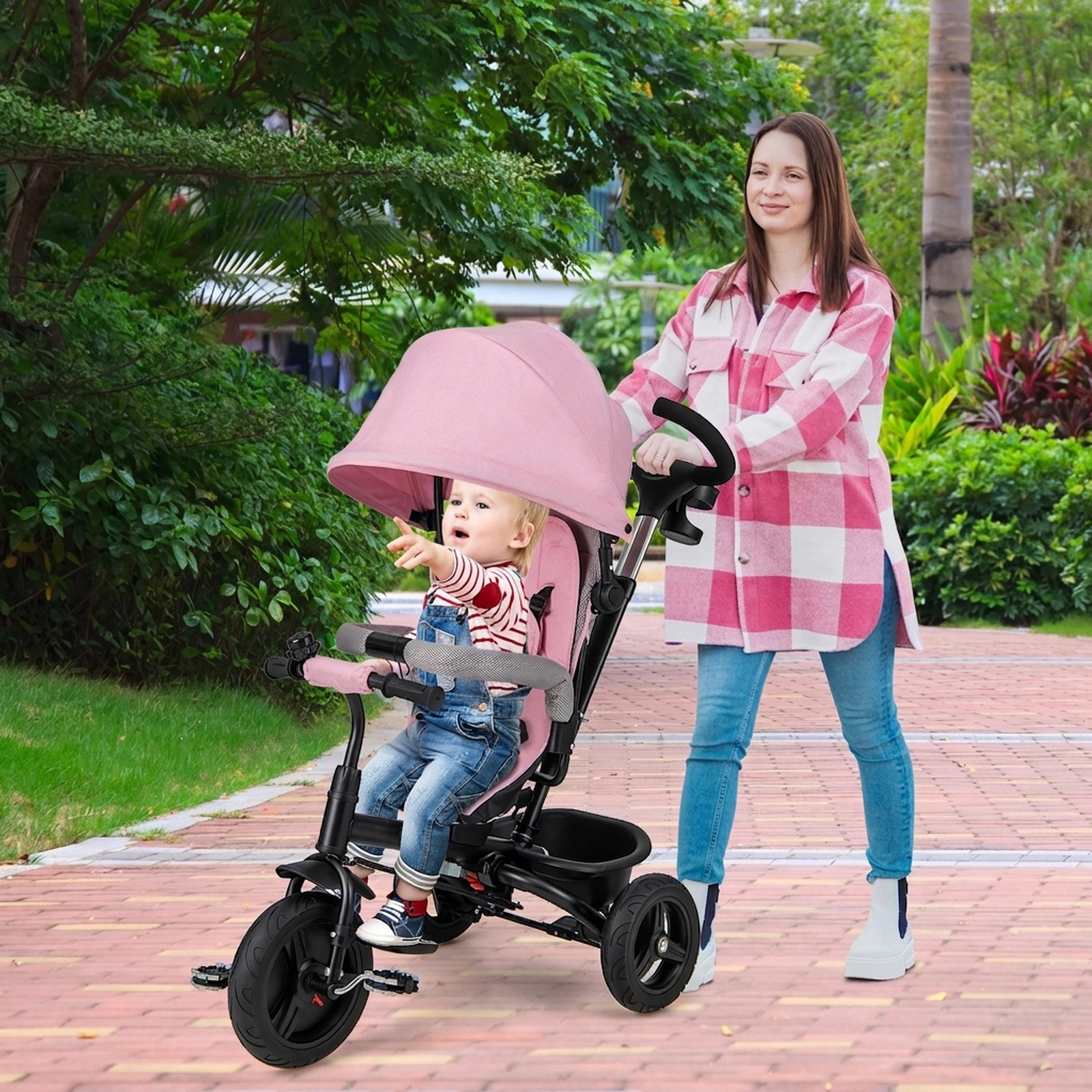 SUGIFT Toddler Pink 4-in-1 Tricycle with Reversible Seat and 5-Point Harness 30-in W 38-in H 55-lb Seat Capacity