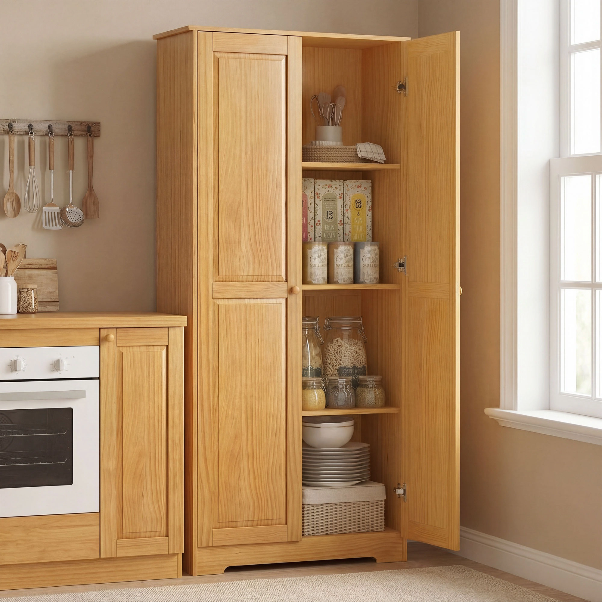 HONGGE 67" Pinewood Kitchen Pantry Storage Cabinet, Freestanding Cabinets with Doors and Shelves, Dining Room
