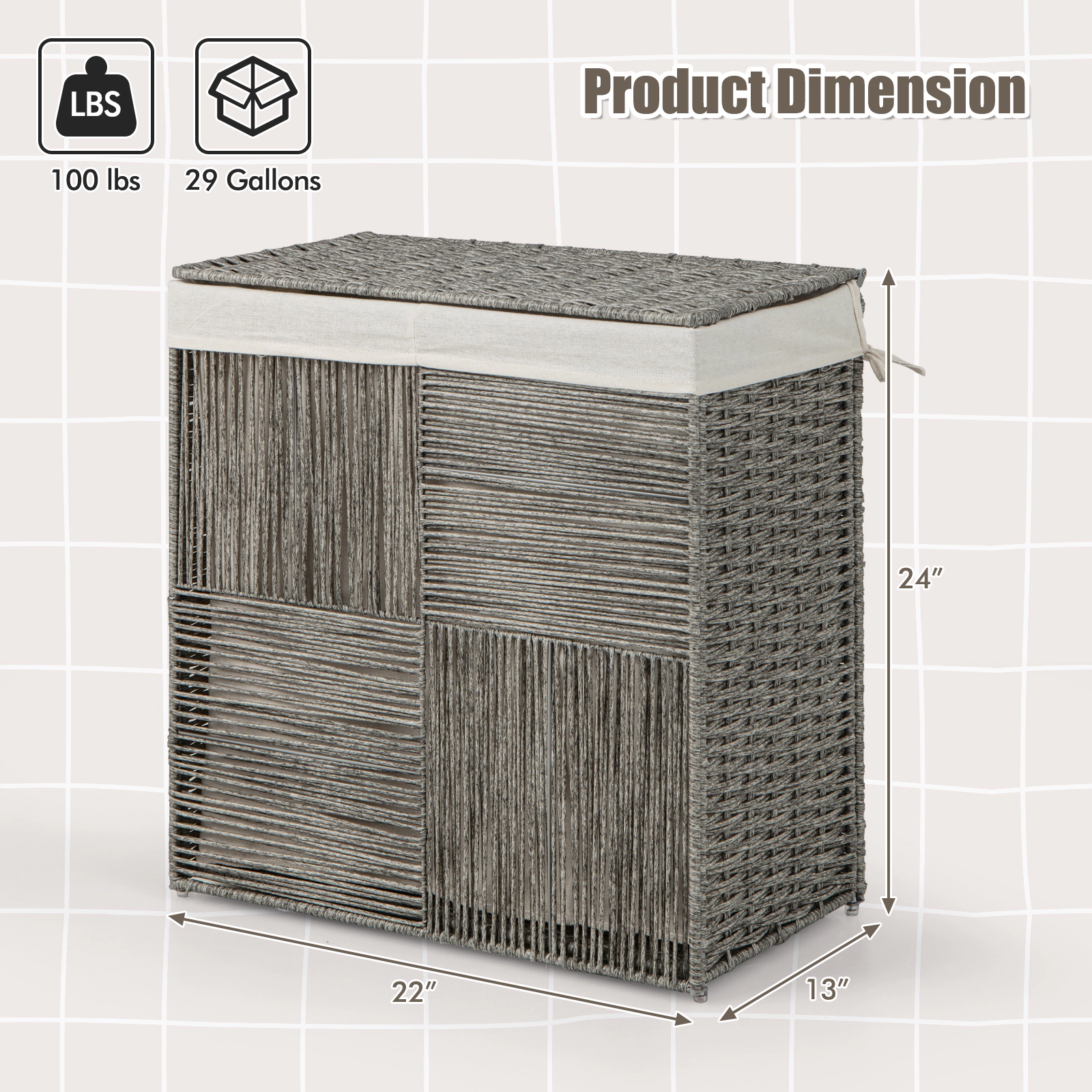 SUGIFT Grey 29-gal Laundry Hamper with 2-Section Removable Liner Bag and Handles for Dirty Clothes