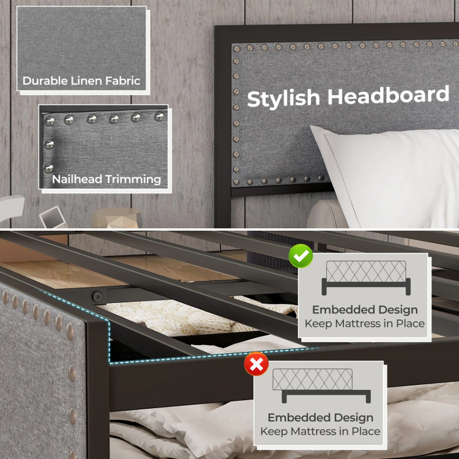 SUGIFT Gray LED Lights Storage Drawer and Metal Slats Queen Size Upholstered Bed Frame