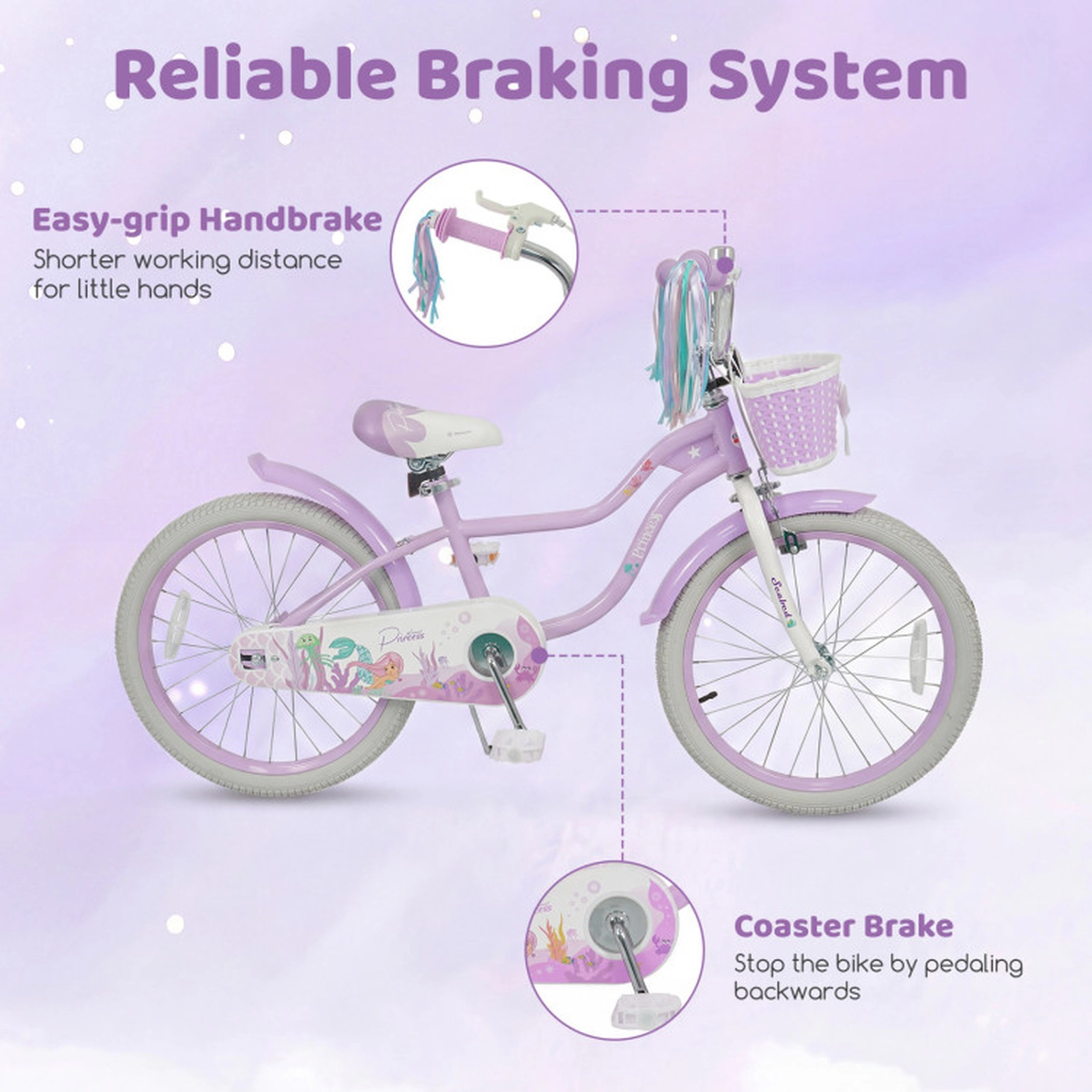 SUGIFT Purple Storage Basket Streamers and Mermaid Graphics Kids Bike