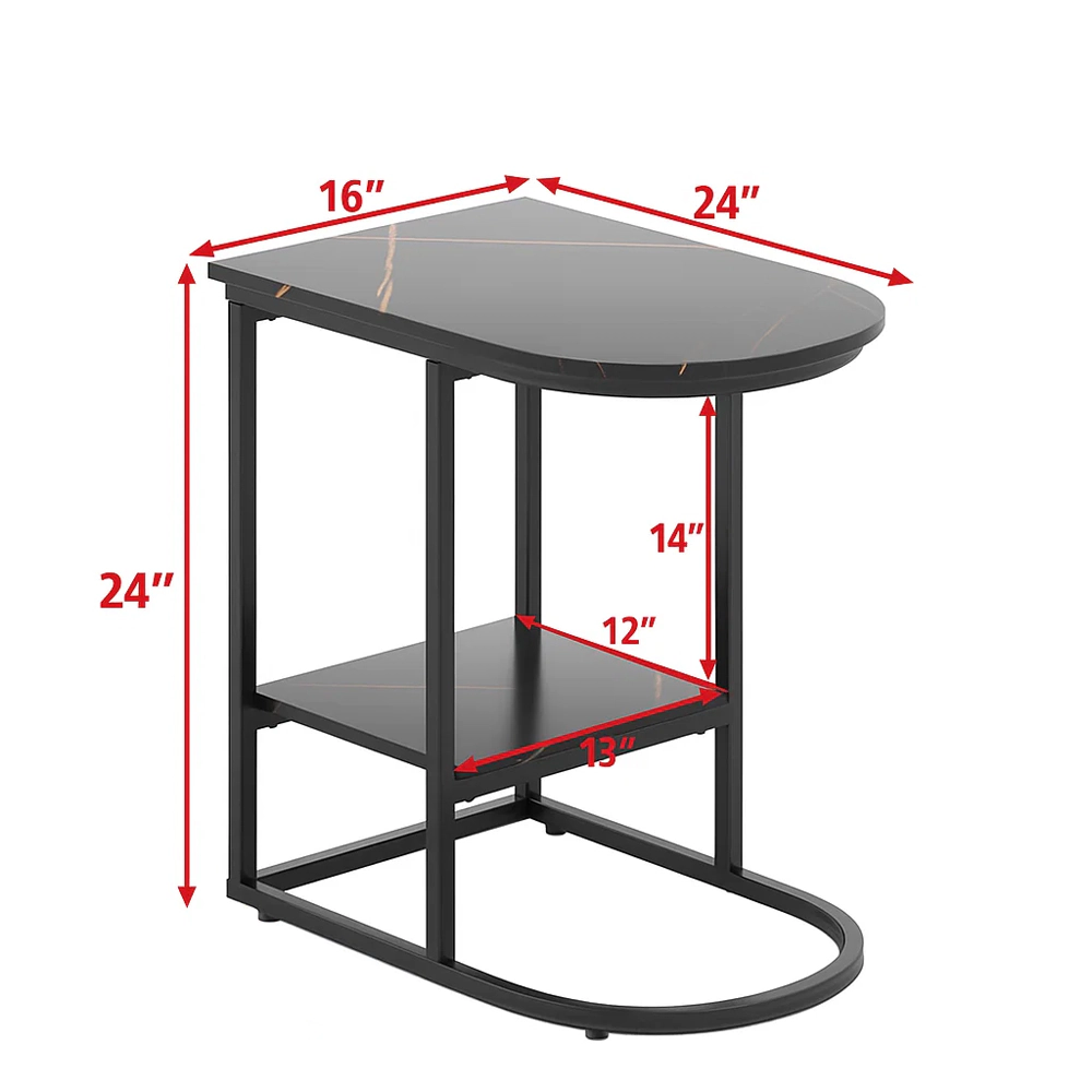 Hivvago Modern C-Frame Side Table with Imitation Marble Top and Lower Storage Shelf