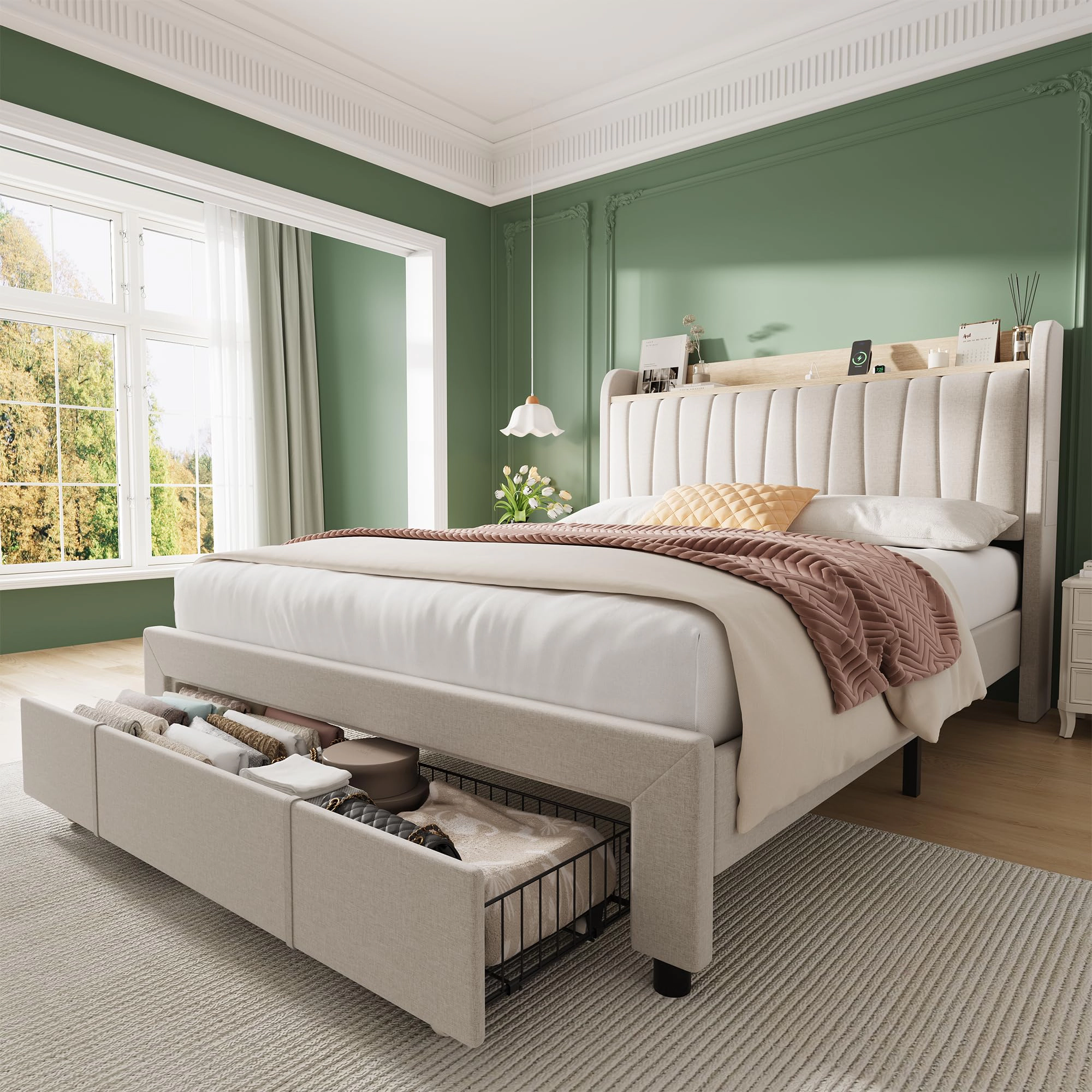 BebreezChic Upholstered Platform Bed Frame with Storage Headboard, Charging Station and Drawers