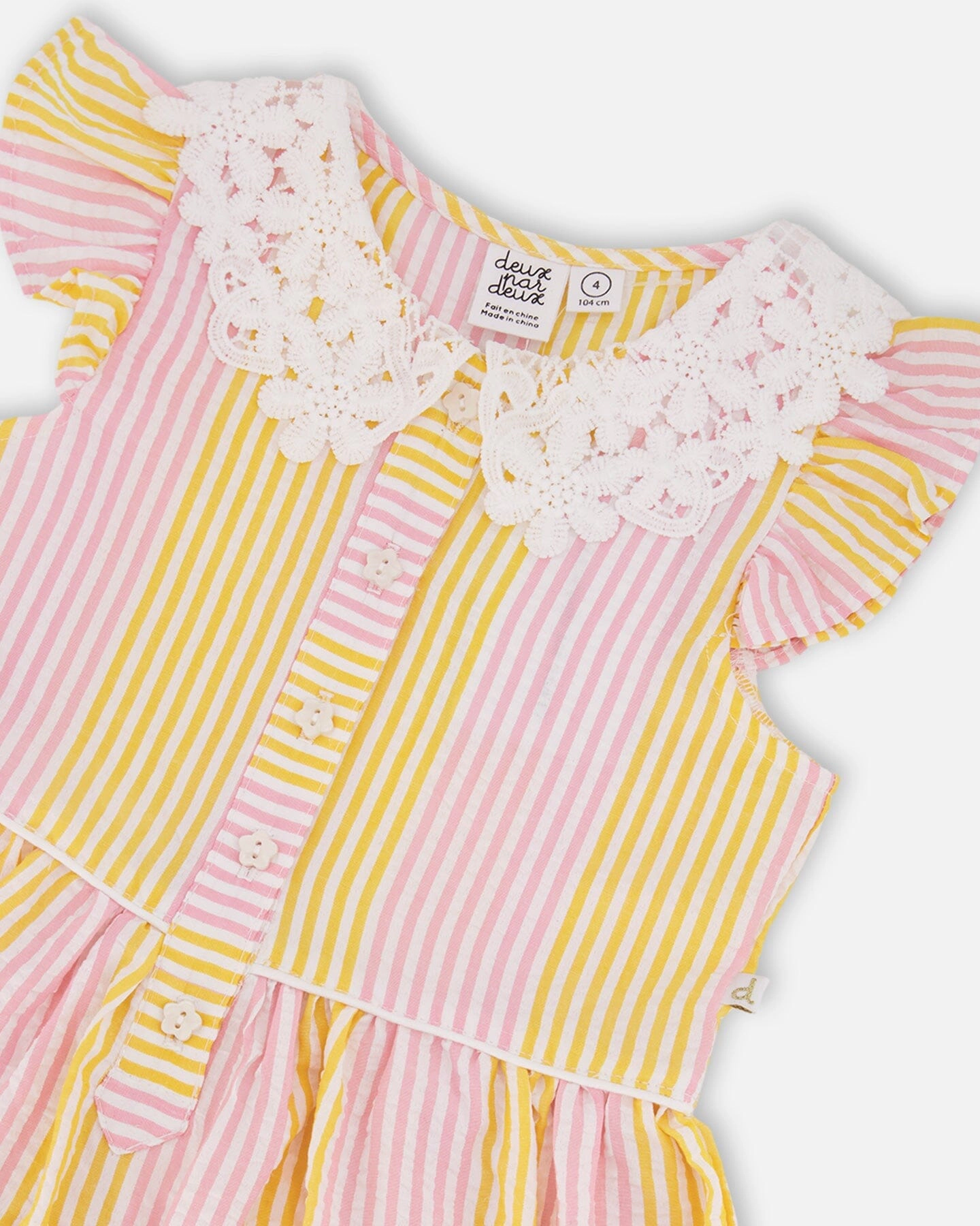 Deux par Girls Striped Crochet Peter Pan Collar Button Front Tiered Dress