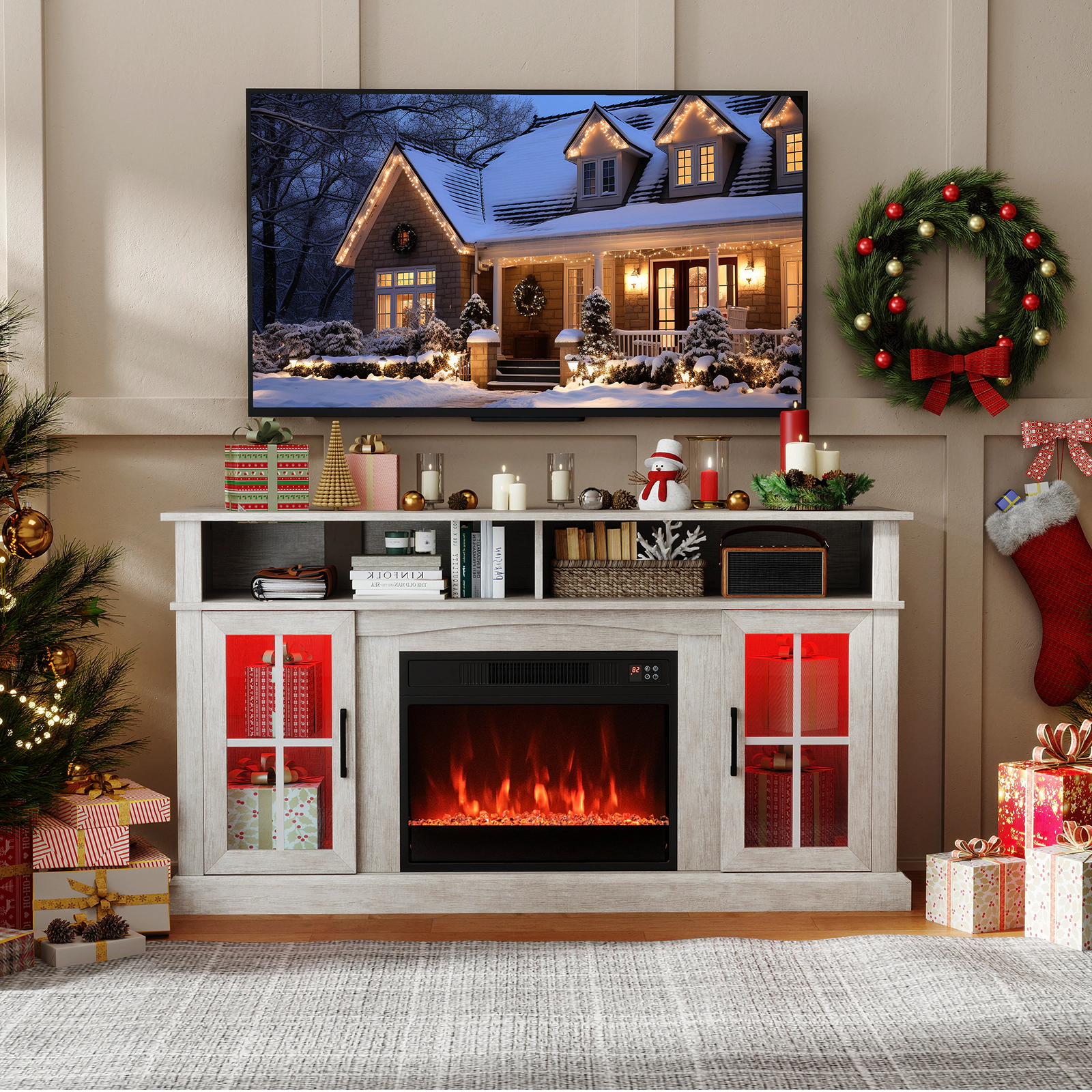 LJG 58 Inch Fireplace TV Stand with LED Lights Storage Cabinets and Glass Doors