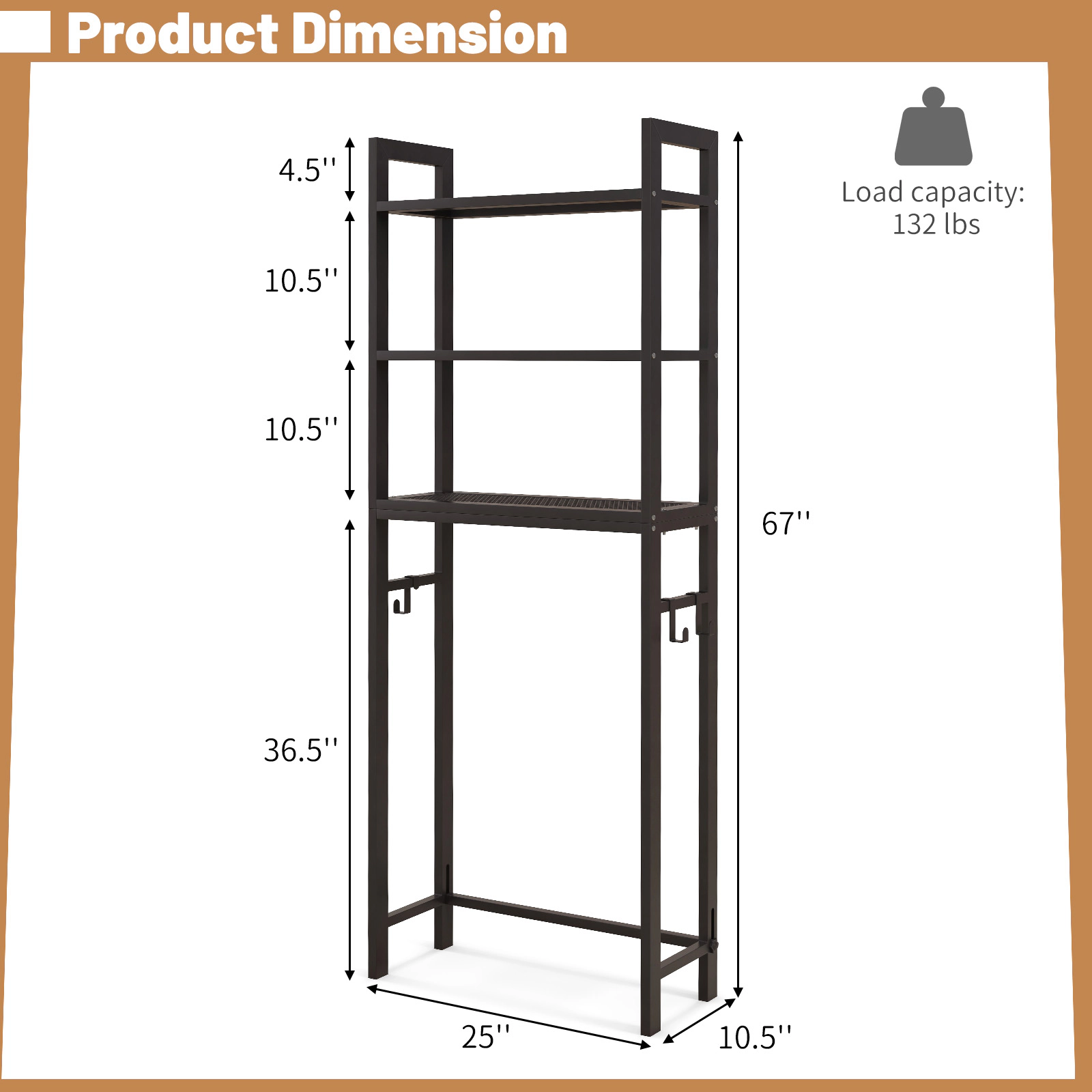 SUGIFT Black 67.5-in Tall Over the Toilet Storage Shelf with 3 Hooks and Metal Mesh Bathroom Organizer