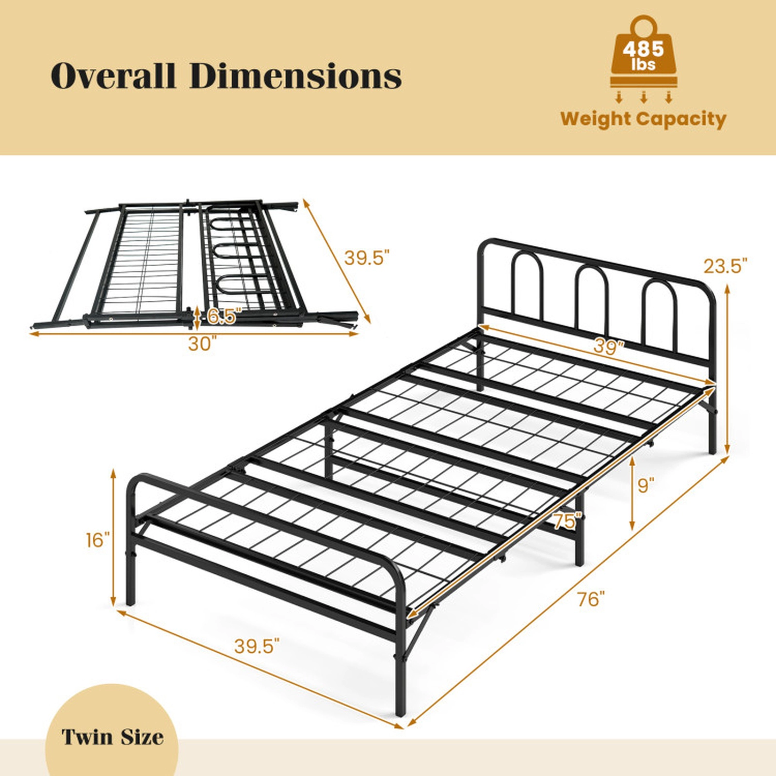 SUGIFT Twin Size Black Reinforced Metal Foldable Platform Bed Frame with Arched Headboard and Footboard